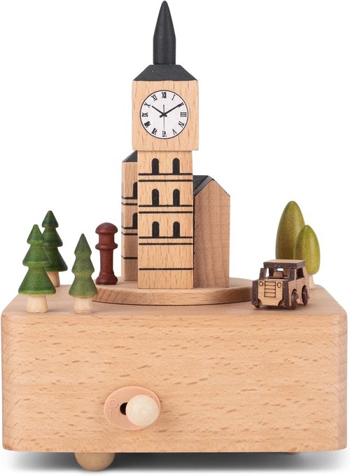 Cottage Garden Big Ben Musical Figurine - 6 Inch Woodgrain Beech Wind-Up Design