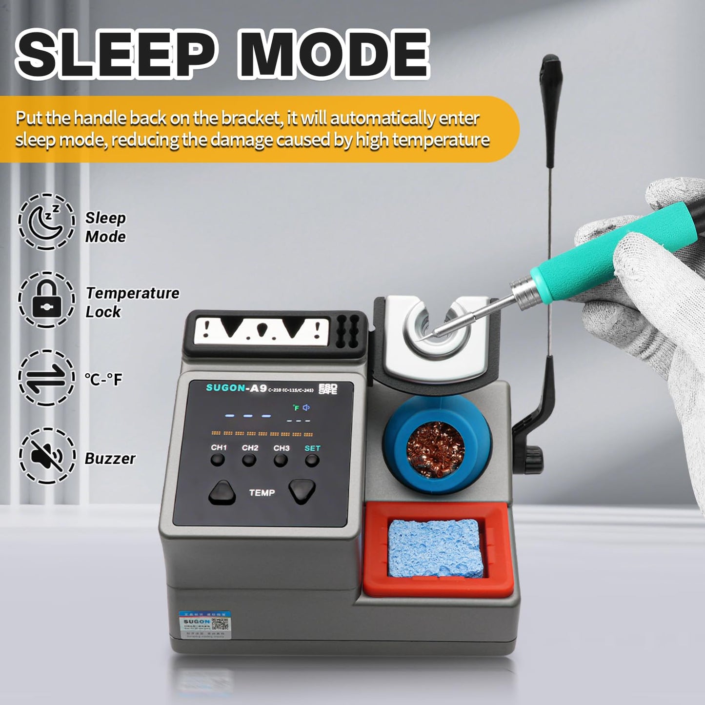 SUGON A9 210/245/115 Precision Soldering Stations, 120W Digital Soldering Iron Kit, with 210/245/115 Soldering Iron Tips and 3 Helping Hands, 212℉-842℉, ℃/℉, 3 Temperature Storage, Sleep mode