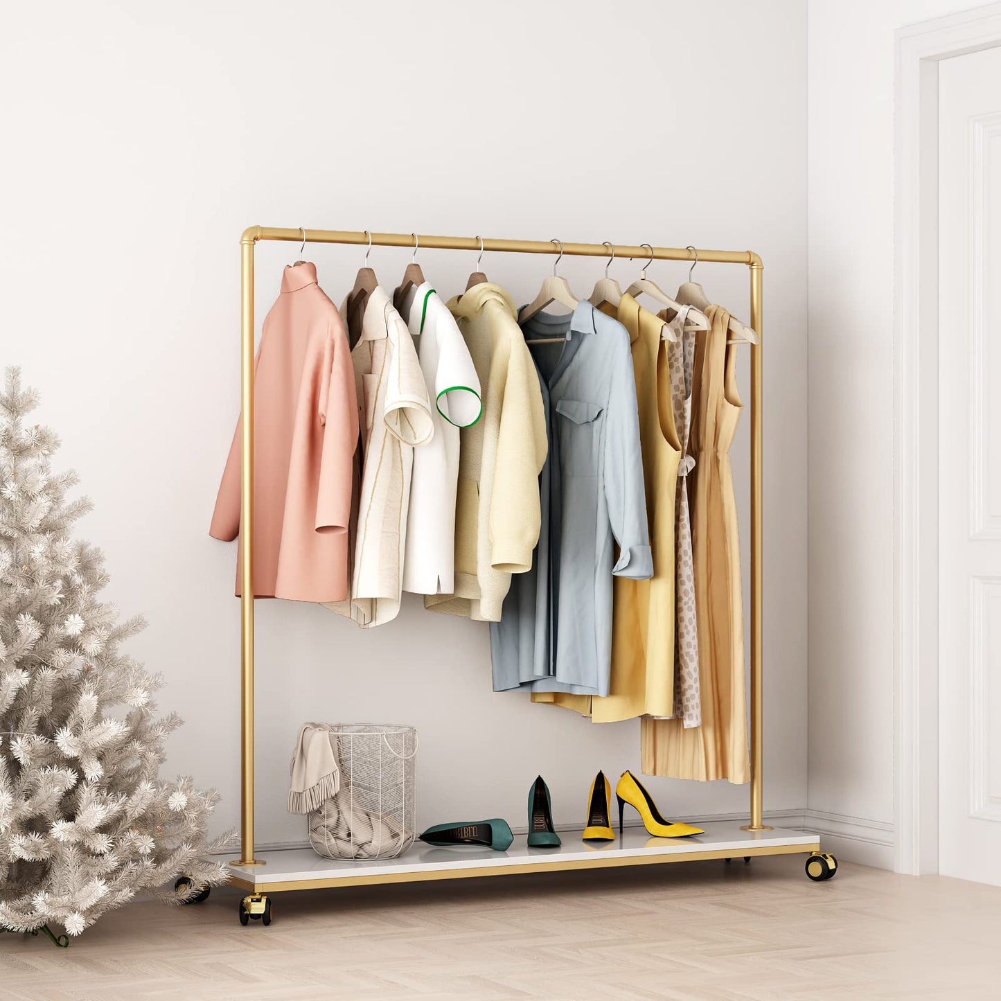 FONECHIN Gold Metal Clothing Rack with Wood Shelf, Heavy Duty Rolling Garment Rack with Wheels for Bedroom Retail Boutique Use (61L inches)