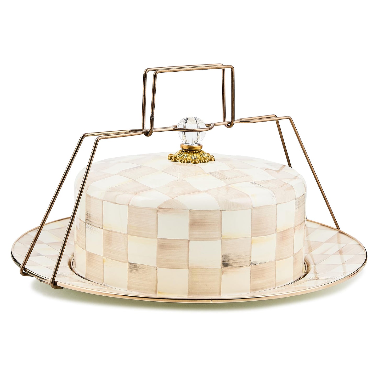 MACKENZIE-CHILDS Enamel Cake Carrier, Cake-Dish Serving Platter with Lid and Handles, Brown-and-White Mocha Check