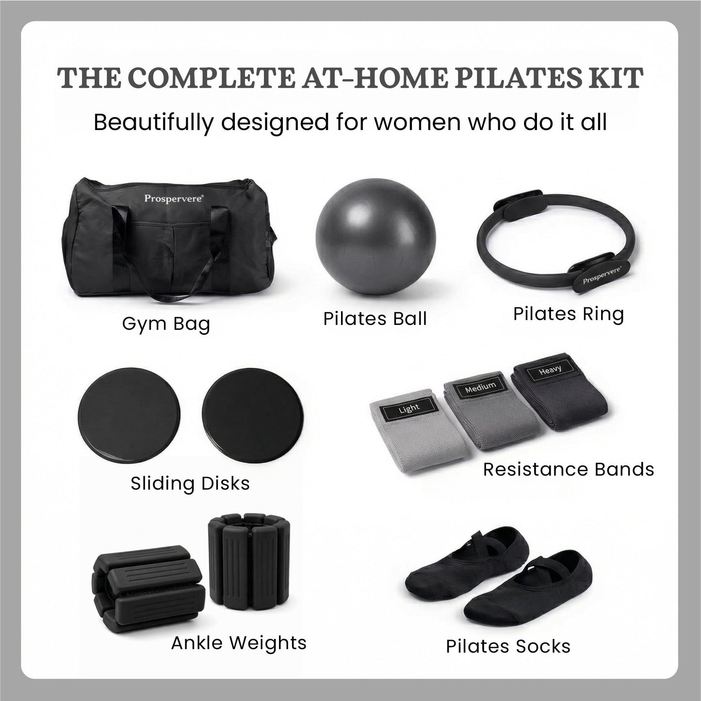 Prospervere Premium Pro Pilates Kit – 15 inch Pilates Ring and Ball Set w/ 1lb Ankle Weights, Fabric Resistance Bands, Sliders, Yoga Socks & Gym Bag – Midnight Power (Black)