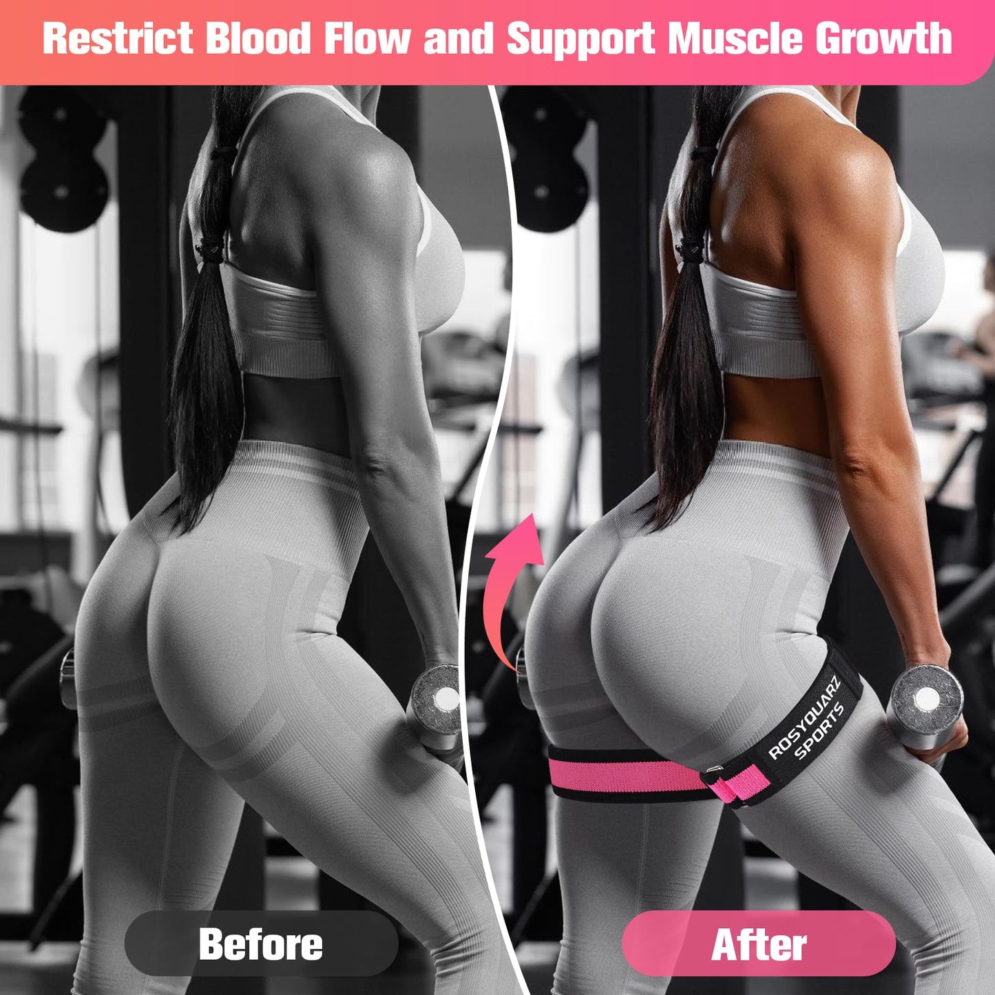 ROSYQUARZ BFR Booty Bands for Women Glutes, Blood Flow Restriction Bands Plan for Legs & Hip Building, Adjustable Velcro Occlusion Bands Workouts, Best Fabric Bands for Squat Butt & Thigh -Pink 2PC