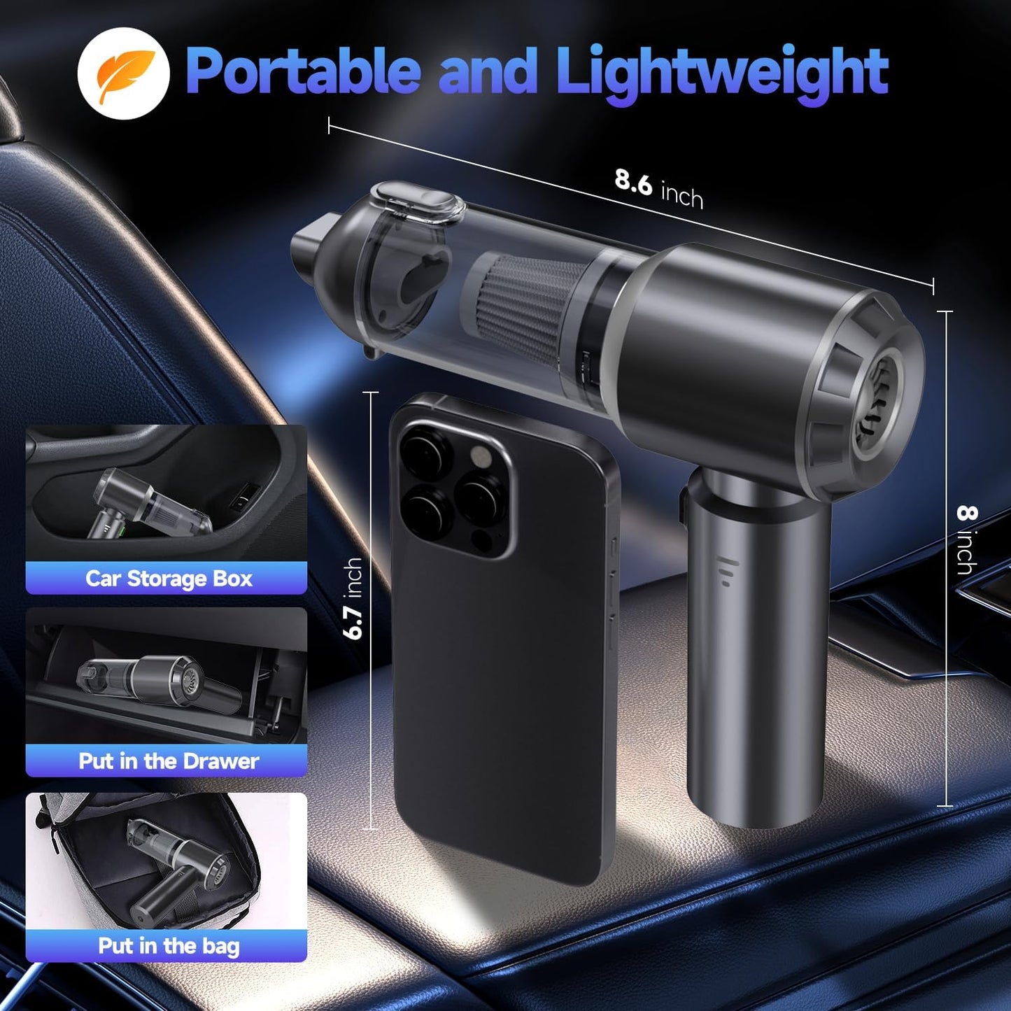 Skiennix Portable Cordless Car Vacuum - 24000PA High Power Suction | Mini Handheld Cleaner for Home & Office