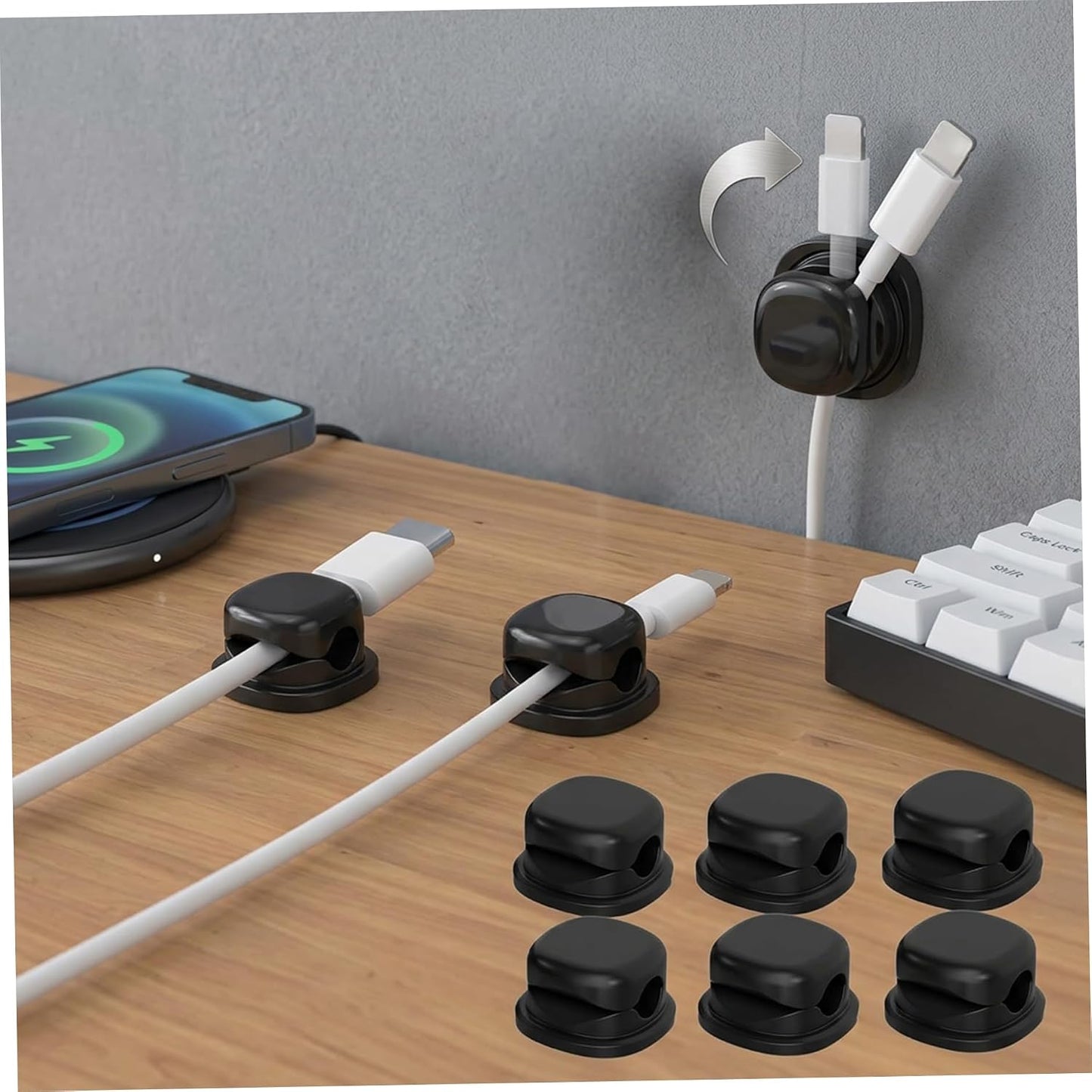 Uanqfegy 6Pcs Adhesive Rotatable Cord Organizer - Cable Clips for Phone Chargers Nightstand Home Office Car (Black)