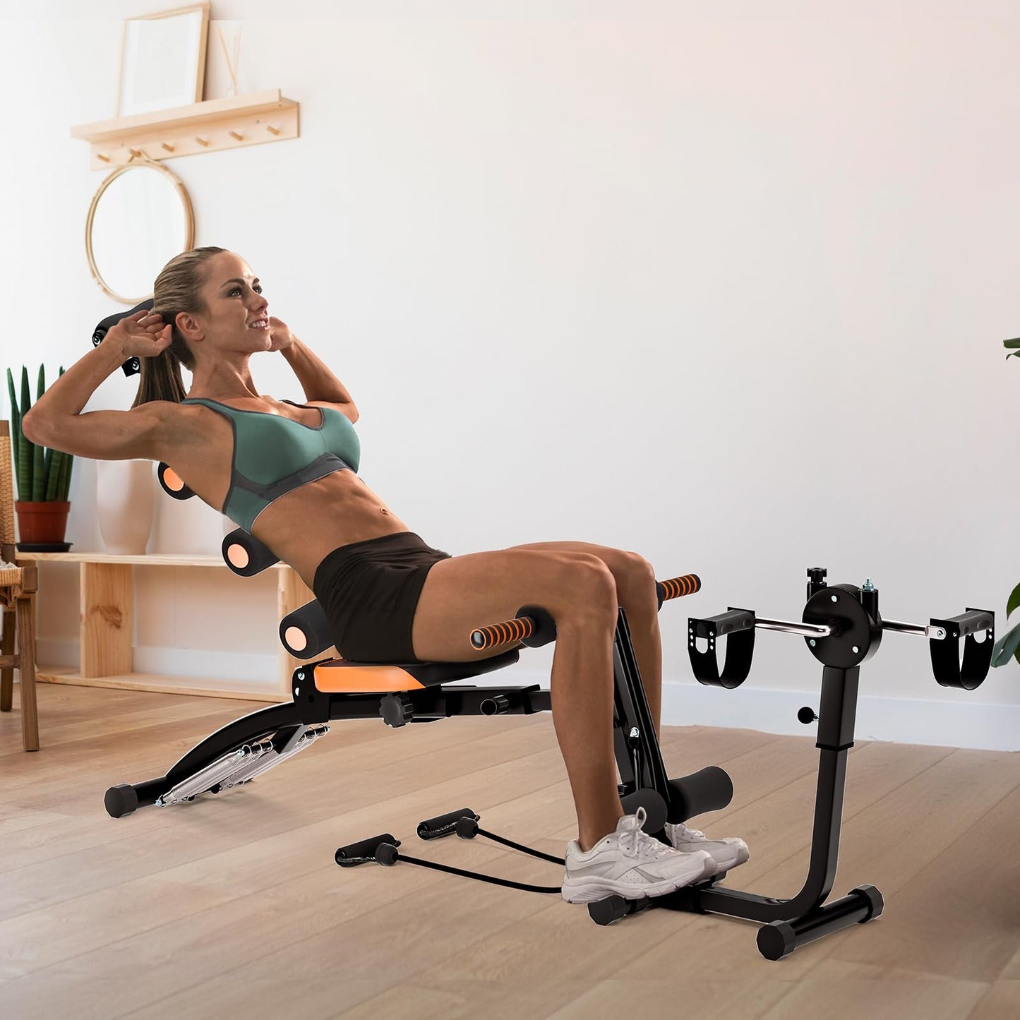 Multi-Function Ab Workout Bench with Resistance Bands and Preacher Curl Pad, Adjustable Ab Crunch Machine, Foldable Sit-Up Bench for Home Gym Strength Training and Leg Extension Black