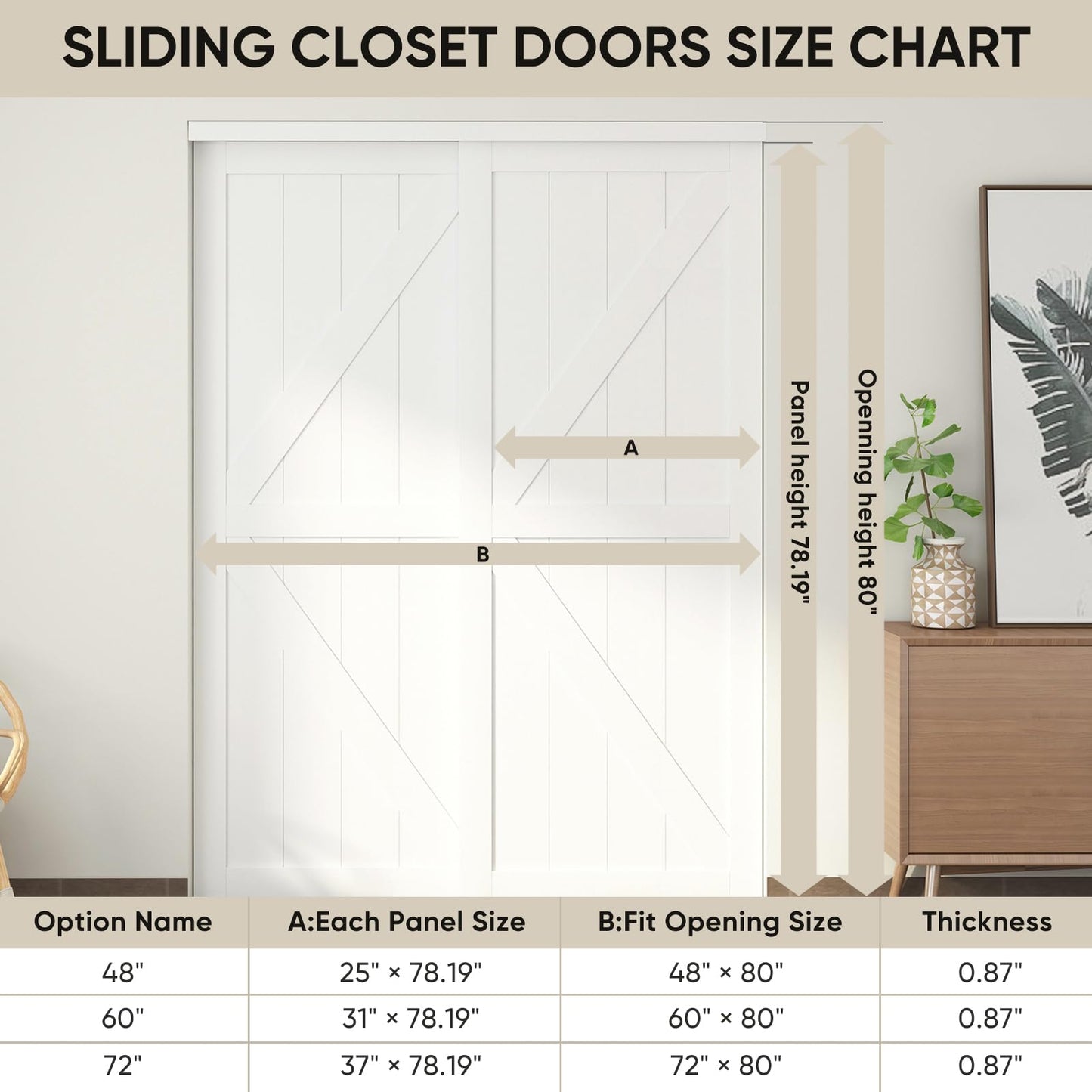 JUBEST 60"(Double 31") x80" Sliding Closet Door, K Style Bypass Closet Door with Hardware Kit & Matching Fascia, Preassembled Solid Wood Slab with Water-Proof PVC Surface, Easy to Install, White