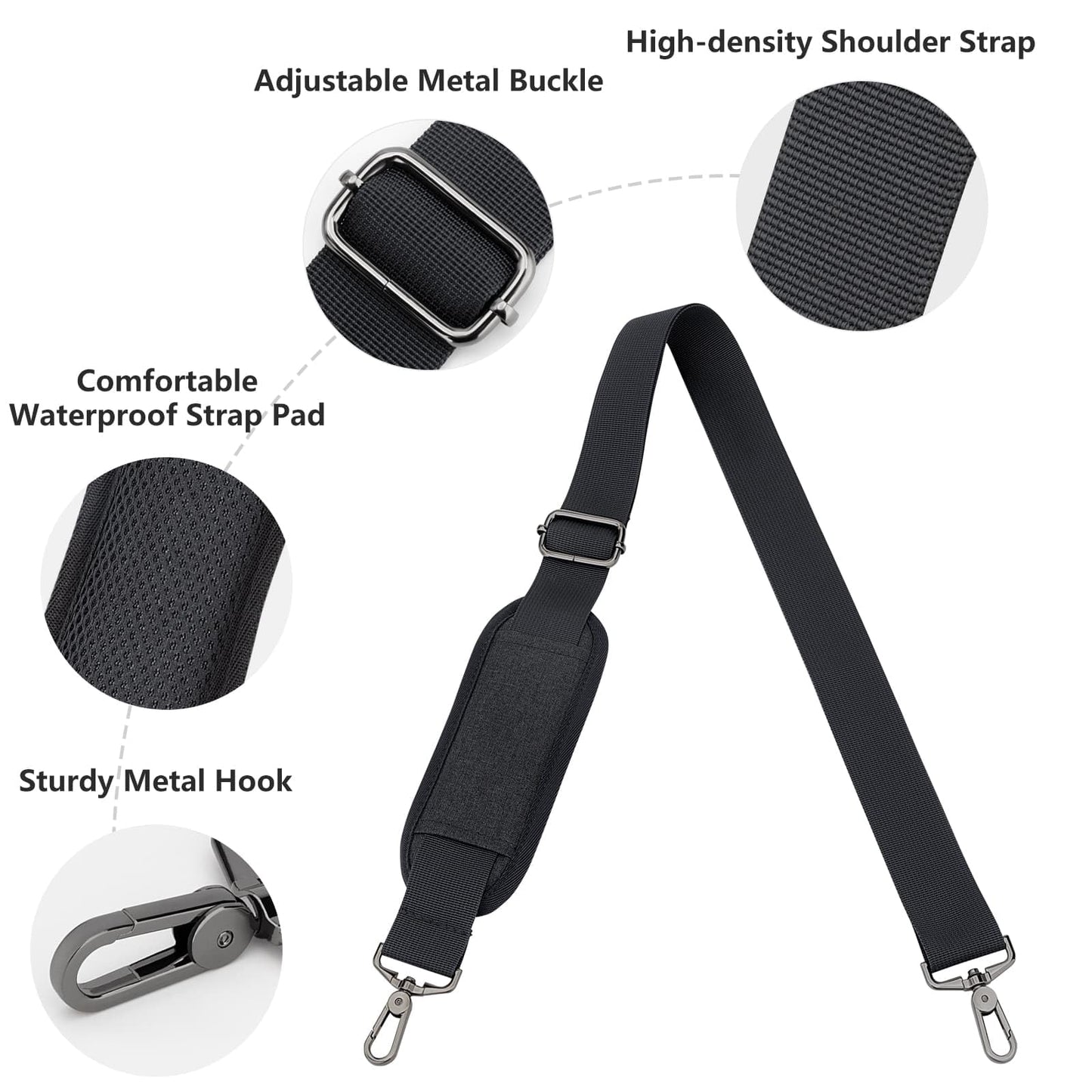 RAINYEAR 59 Inch Shoulder Strap for Bag, Adjustable Soft Padded Replacement Purse Strap with Metal Hooks for Laptop Bag, Shoulder Bag, Messenger Bag, Travel Duffel Bag, Crossbody Bag, Black