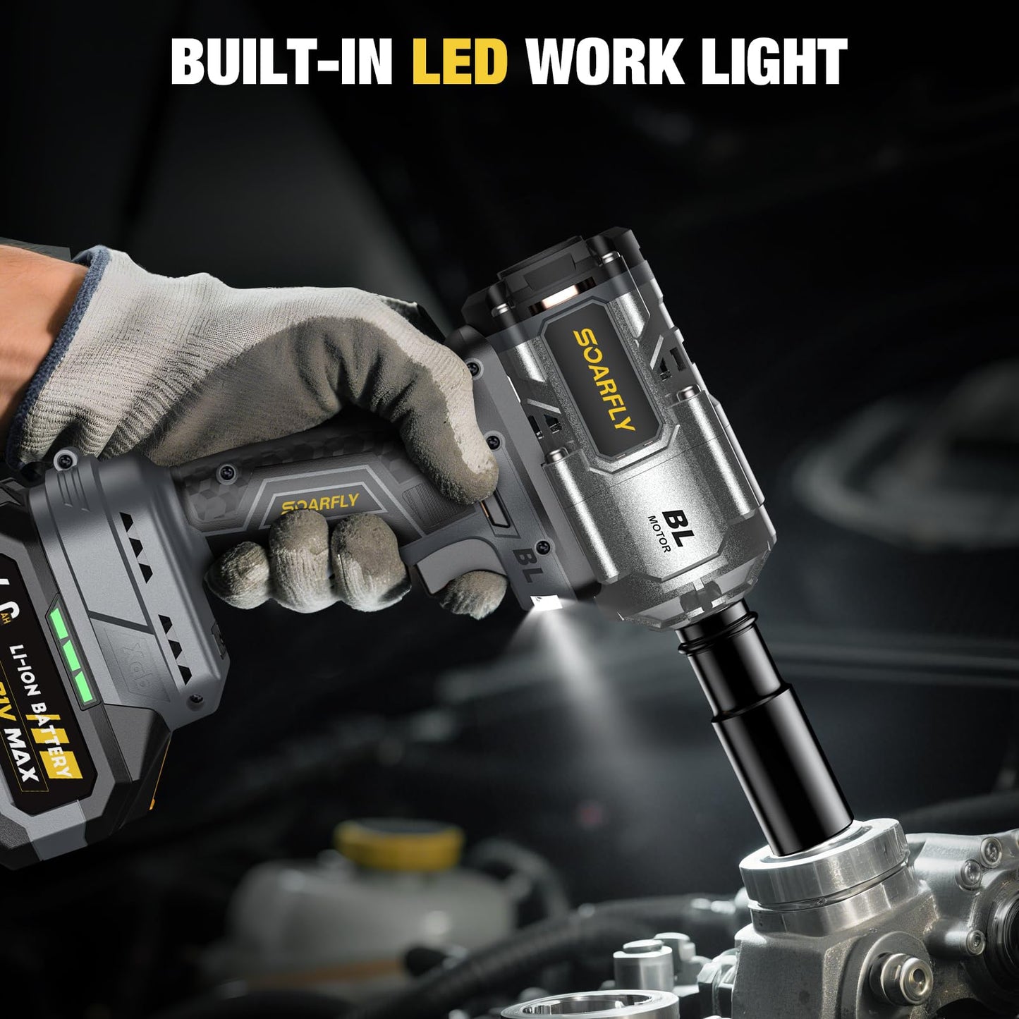 SOARFLY Upgraded Cordless Impact Wrench 1/2", 900 Ft-lbs (1200 Nm) Brushless Impact Gun, 21V High Torque Impact Driver with 2x 4.0Ah Batteries, Variable Speed for Car, Truck, Workshop, Heavy-Duty Jobs