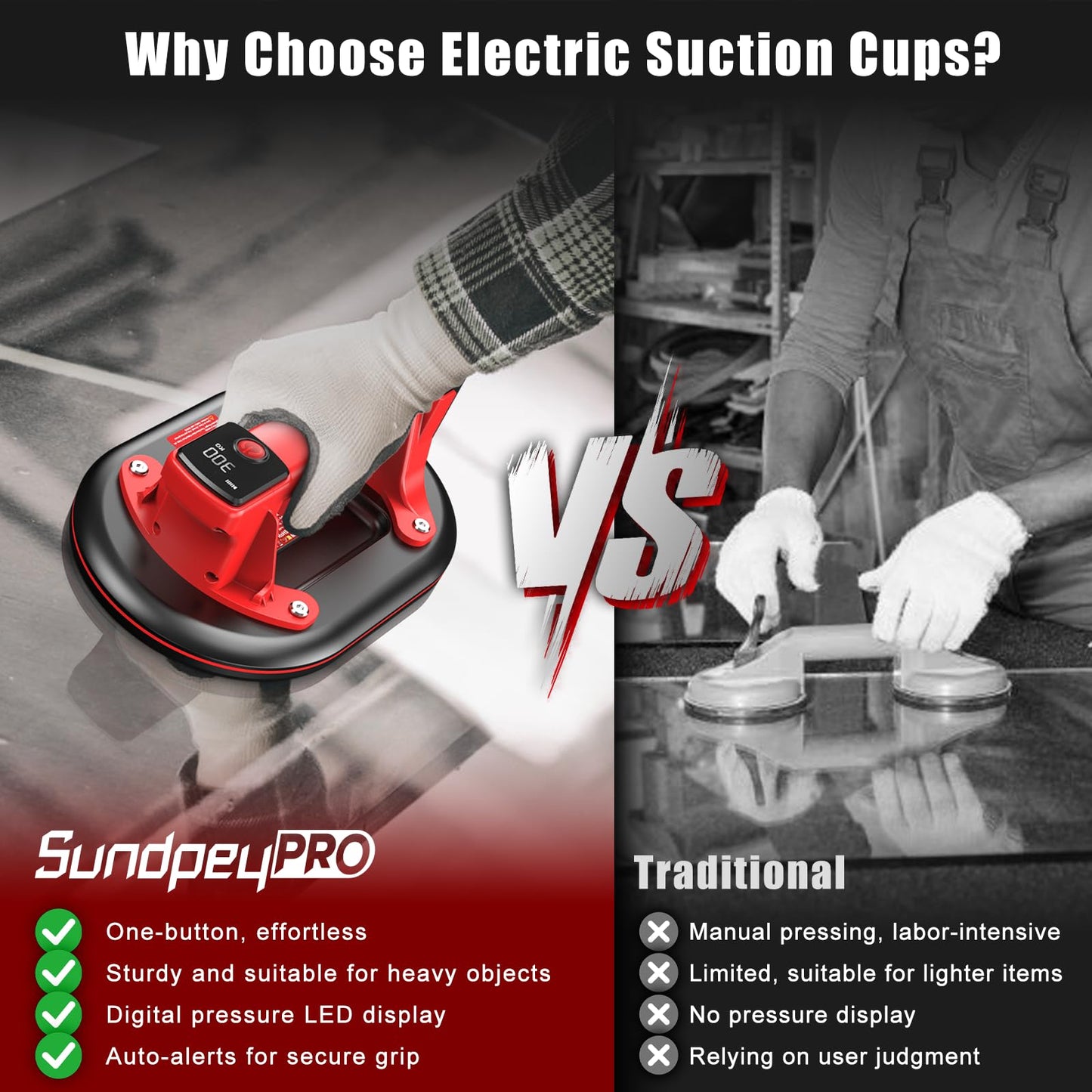 SundpeyPRO Electric Glass Suction Cups - 10" Heavy Duty Vacuum Suction Cups Lifter Max Load 662lbs with 4 x 3.0Ah Batteries & 2 x Chargers & Digital Display for Glass Tile Marble Granite Windshields