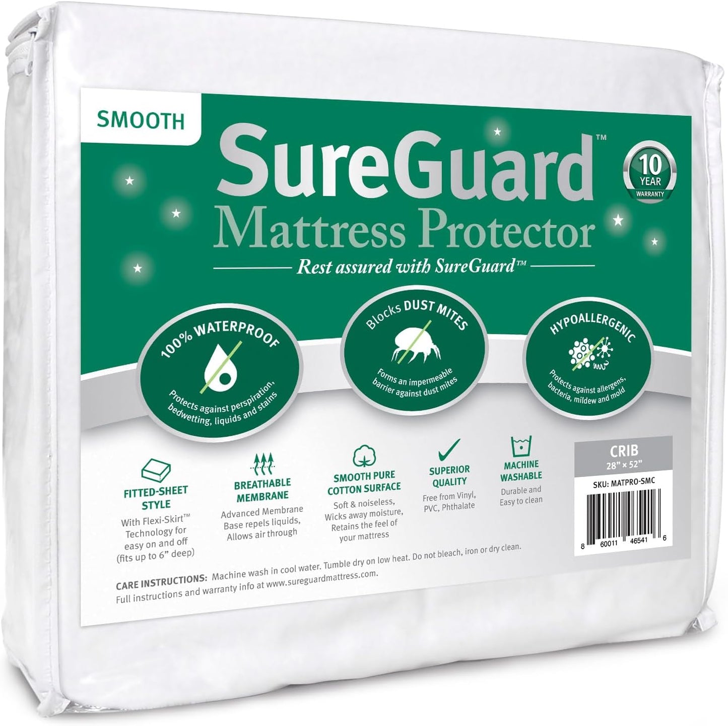 SureGuard Crib Mattress Protector - 100% Waterproof & Hypoallergenic - Premium Fitted Cotton Cover