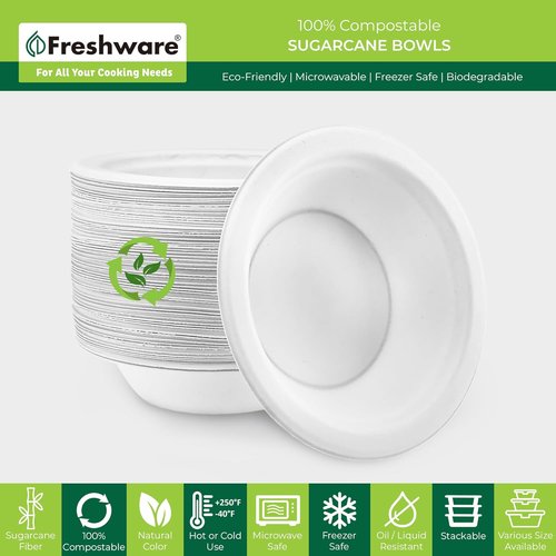 Freshware Paper Bowls - 12 oz. Biodegradable Soup Bowls | 150-Pack Heavy Duty Sugarcane Fiber Dinnerware - Microwave & Freezer Safe