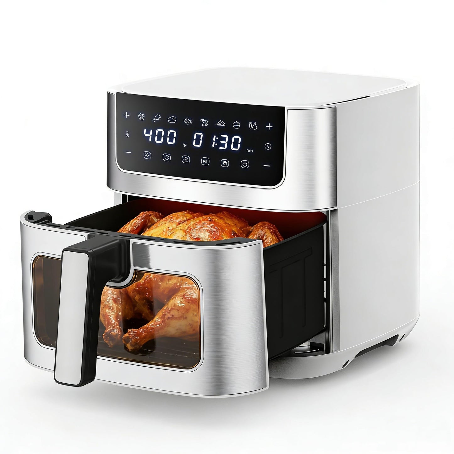 HealSmart 6.34 Qt Air Fryer with Window, 8-in-1 Digital AirFryer Oven, 1700W, Nonstick Dishwasher-Safe Basket, Air Fry, Roast, Dehydrate, 90-Min Timer, Stainless Steel, White