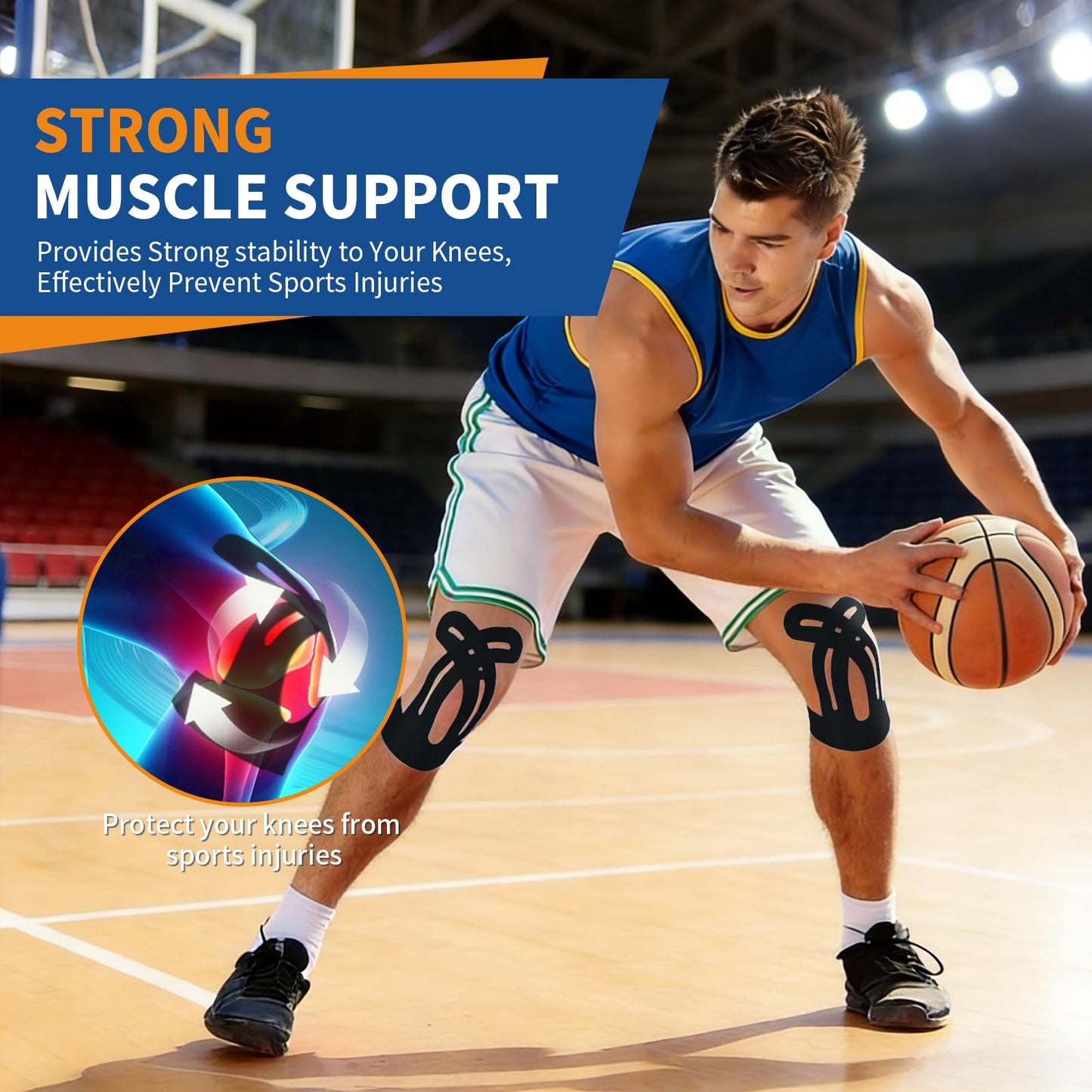 20 PCS Waterproof Kinesiology Tape for Shoulders/Knees,Precut Strips for Knee Pain Relief & Stability Support, Latex-Free Hypoallergenic Sports Athletic Tape Knee Brace (Black and Beige)