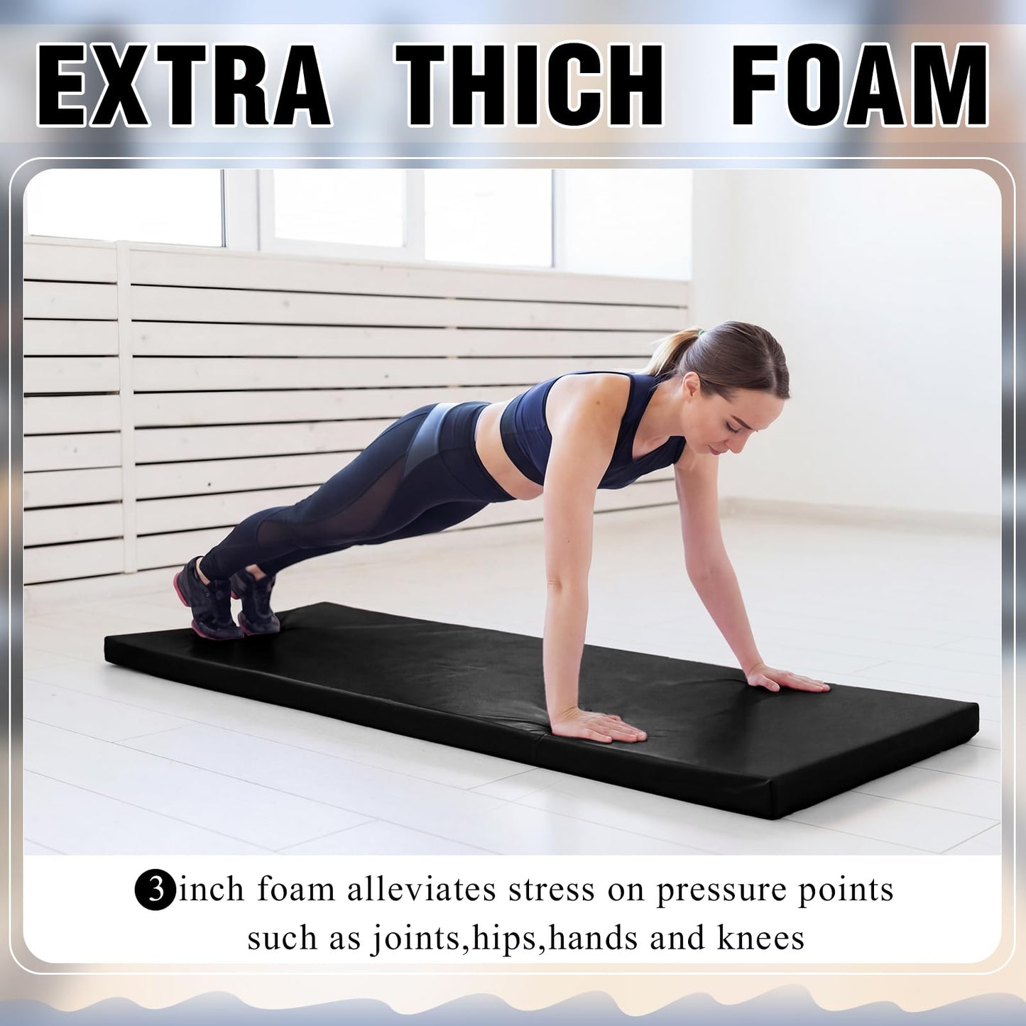 Lyrow 3 Inch 72"x 24" Thick Foldable Yoga Mat with Carry Strap, Non-slip Portable Foam Gym Mat for Yoga, Pilates and Stretching(Black)