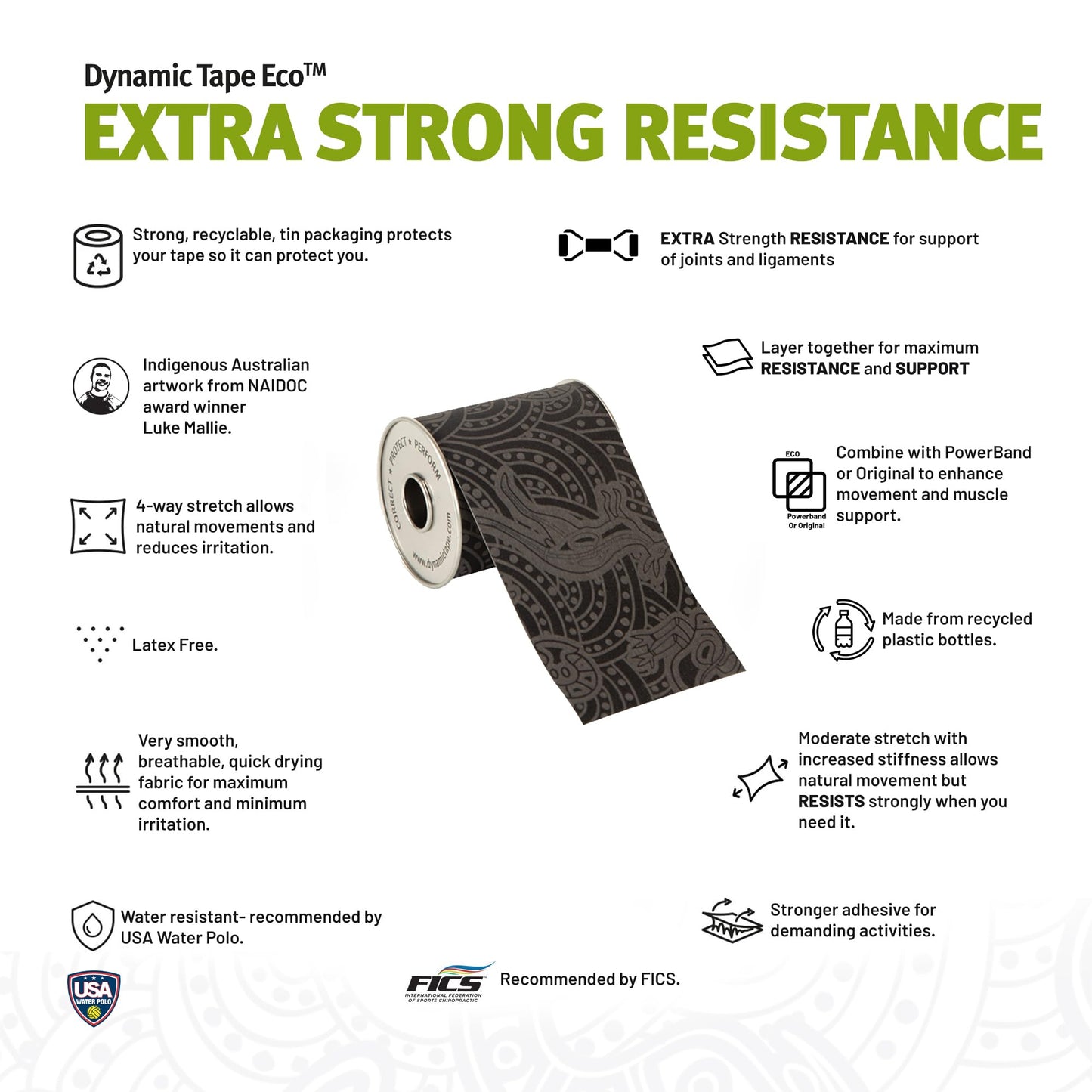 Dynamic Tape Eco - Elastic Athletic Tape Made from Recycled Materials | 4Way Biomechanical Stretch & Stronger Recoil Than Kinesiology Tape | for Sports, Muscle & Joint Load MGMT | 3” (Grey/Black)