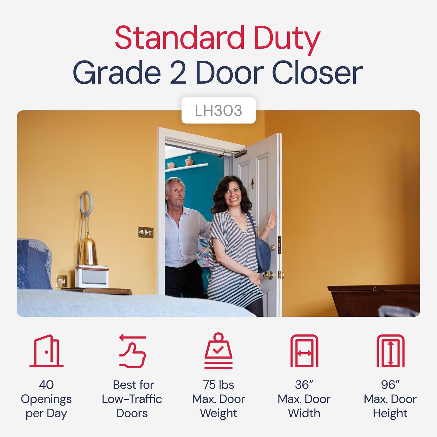 Door Closer for Interior and Light Commercial Door Use Power Size #3 Cast Aluminum Standard Duty Door Closer Automatic Closing and Latching - Embassy Series LH303