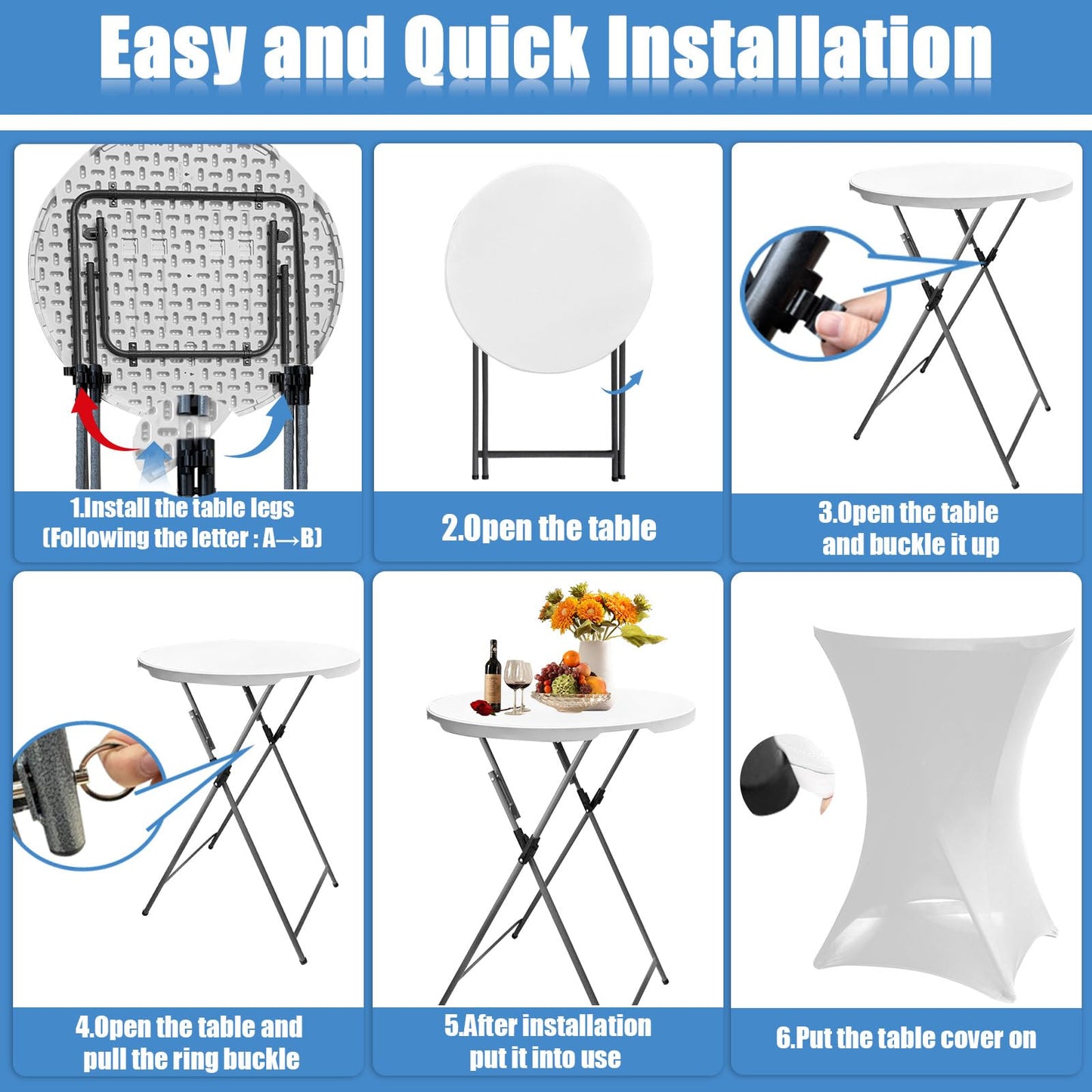 THESEATOP 2Sets 32in Hightop Folding Cocktail Tables+Covers, White-Spandex Stretch Folding Bar Table Covers, Removable Legs Bar Height Folding Table Outdoor Indoor Use (2+2White/2Covers+2Tables)