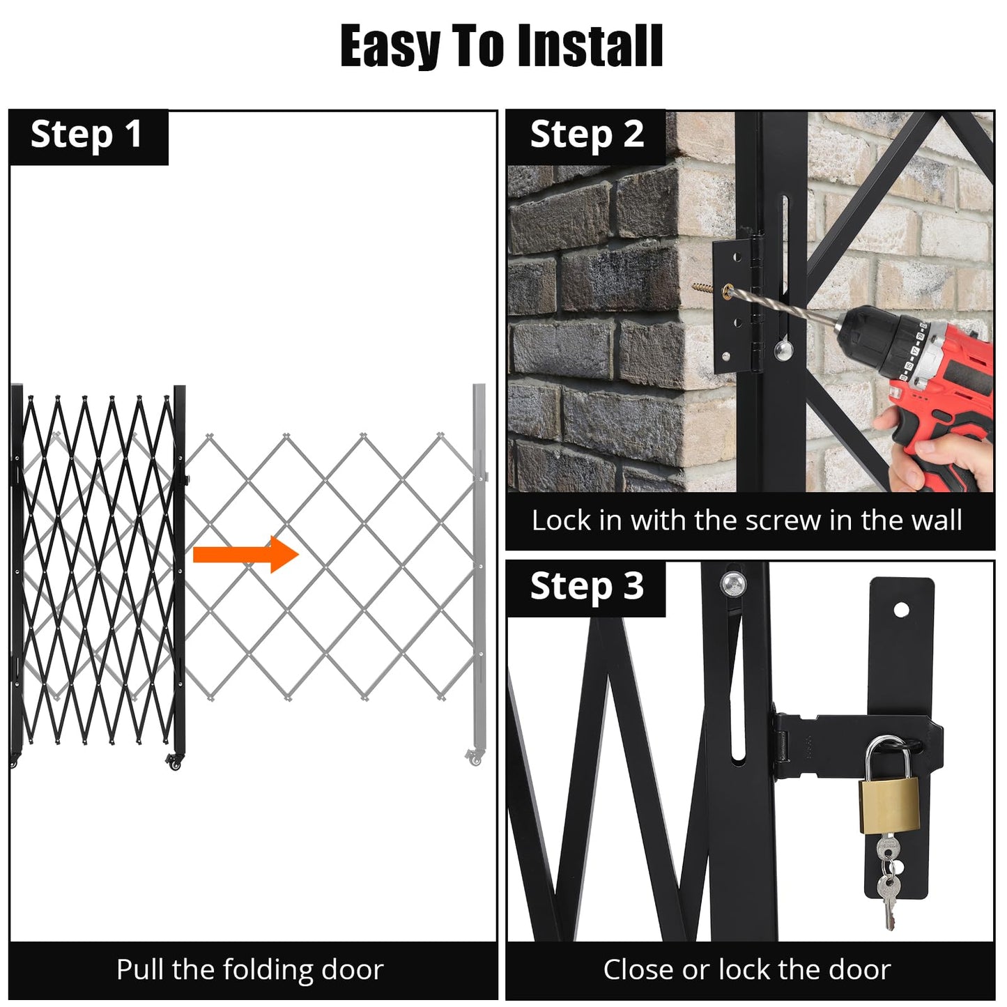 Scissor Gate 71" W x 61" H Folding Security Door Gates, Flexible Expanding Security Door - Steel Accordion, 360° Rolling Wheels with Padlock, Black