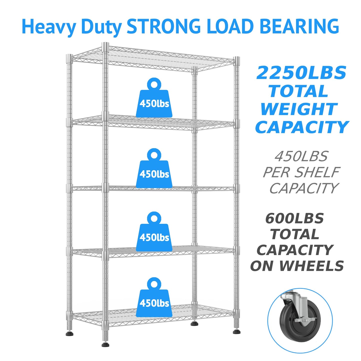 Homdox Heavy Duty Storage Shelves, 5 Tier Wire Shelving Unit with Wheels, Commercial Adjustable Metal Shelves for Storage, Garage Rack Pantry Shelves Kitchen Shelving, 18"x36"x82", Chrome