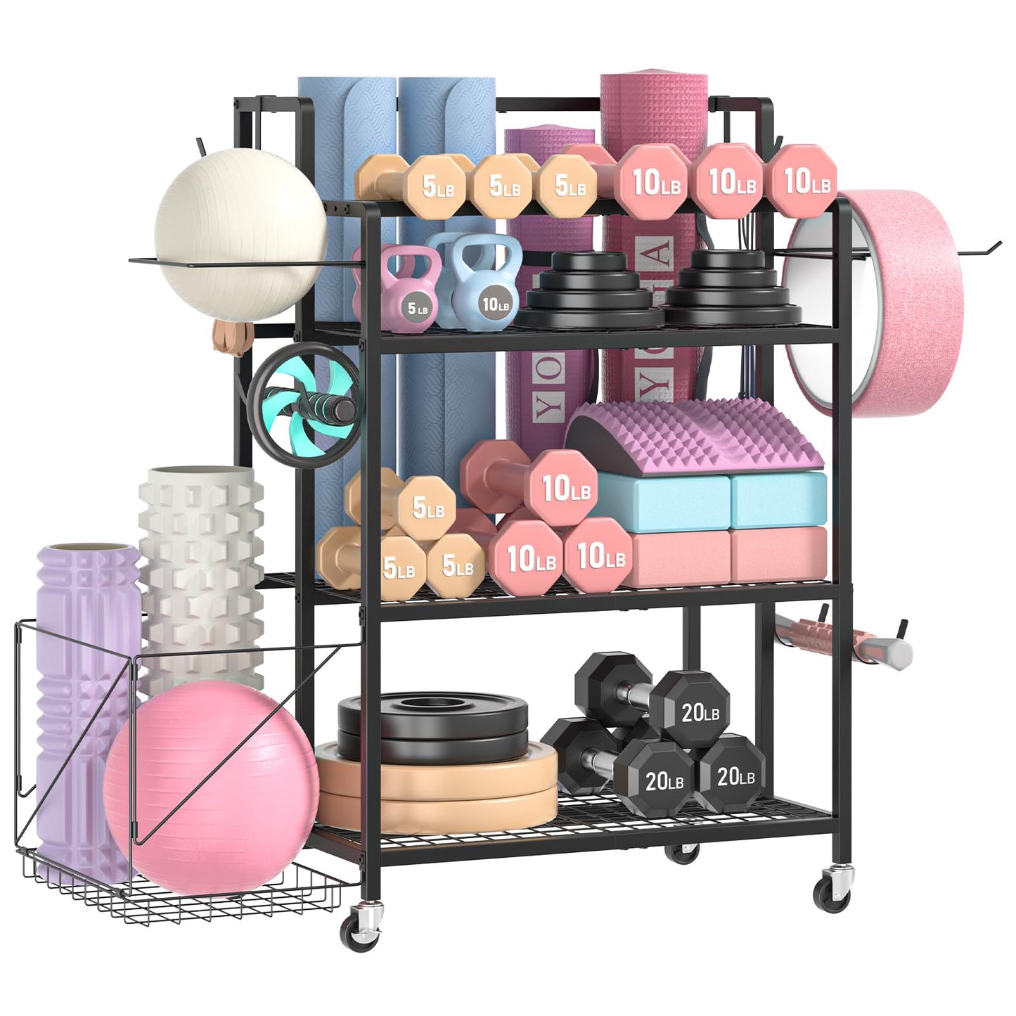 GloCryp Home Gym Storage Rack, Multi-functional Workout Equipment Storage for Dumbbells, Kettlebells & Yoga Mats, Heavy Duty Weight Rack for Home Garage Gym, Rolling Fitness Equipment Organizer with Hook