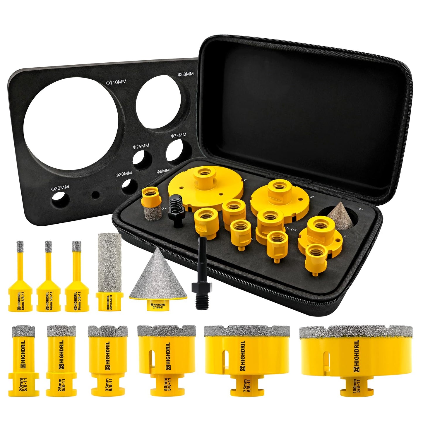 HIGHDRIL Diamond Hole Saw Kit - 6/6/8/20/25/35/50/75/100mm Drill Bits, 20mm Finger Bit, 50mm Chamfer Bit, SDS Plus Adapter, 12Pcs Diamond Core Drill Bit Set for Porcelain Ceramic Tile Granite Marble