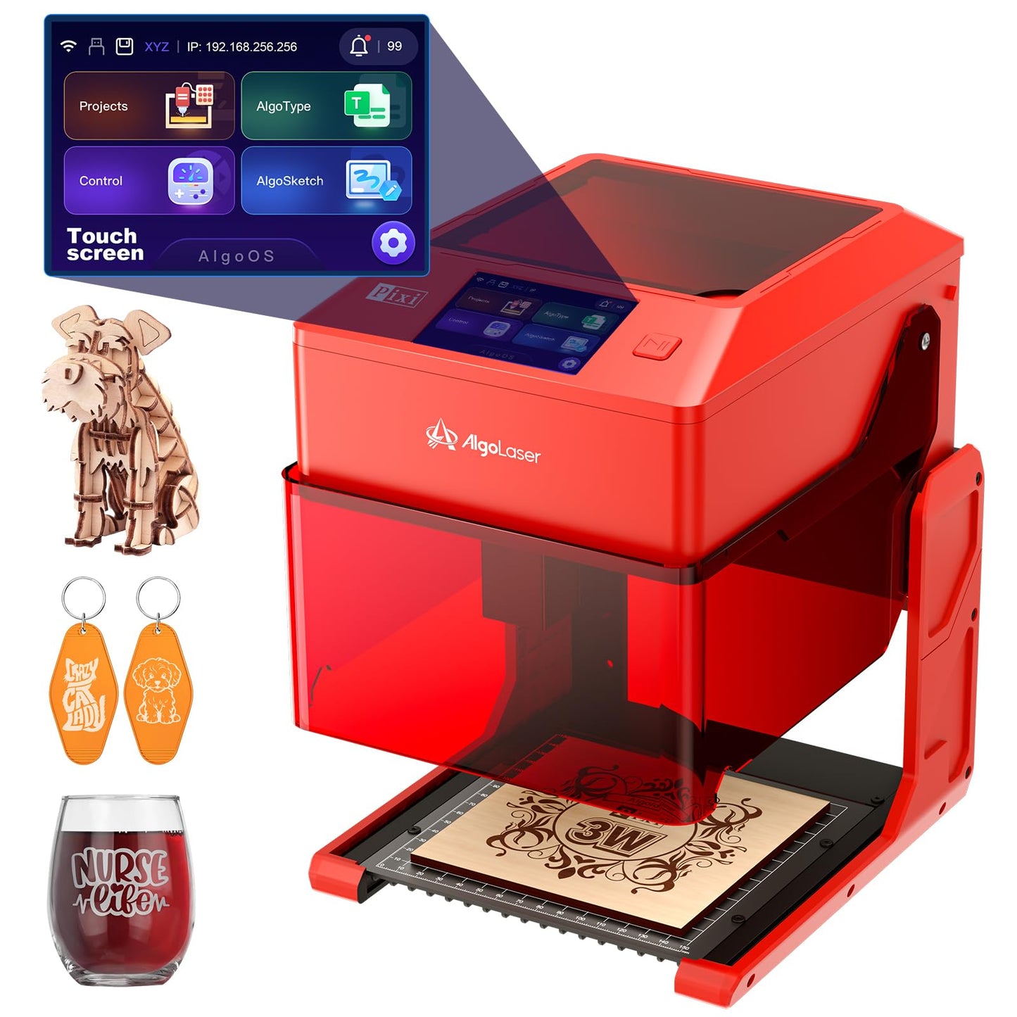 AlgoLaser Pixi Smart Laser Engraver - 3W Portable Laser Engraver Machine with 3.5" Touchscreen & AlgoOS System & APP - Laser Engraving for Wood, Acrylic, Glass, Beginner & DIY Gift & Small Business