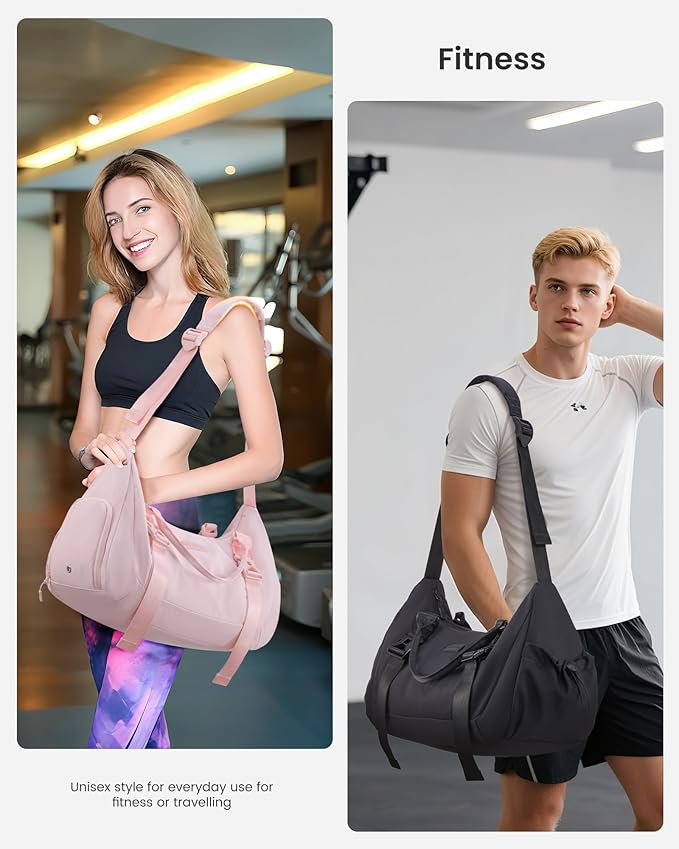 LOVEVOOK Gym Bag for Women, duffle bag for travel with shoe compartment, Small Gym Tote Dry Wet Separation, Multipurpose Weekender Overnight Bag, Lightweight Carry On Bag, Light pink