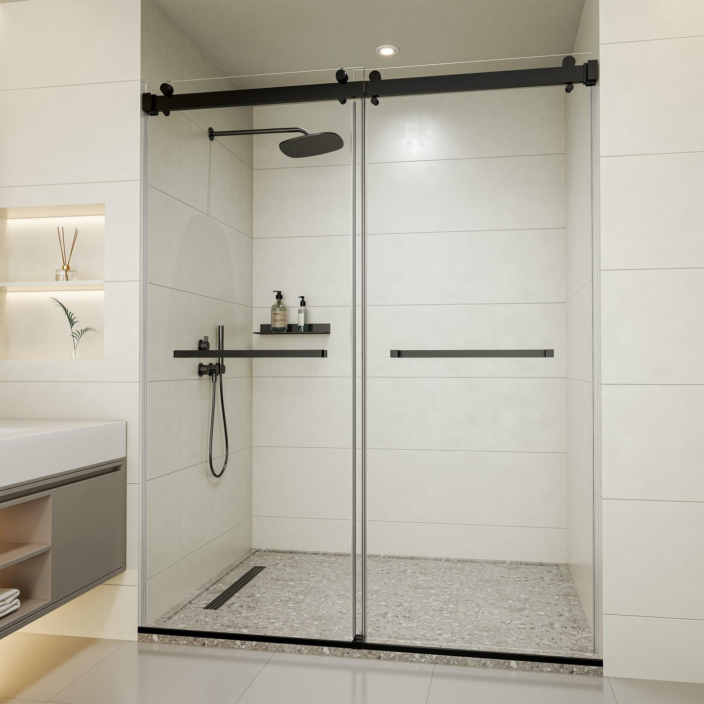56-60" W x 72" H Frameless Shower Door, Double Sliding Glass Shower Door with 5/16" (8mm) Clear SGCC Tempered, Roller Disc System, 304 Stainless Steel (Matte Black, 56-60" W*72" H)