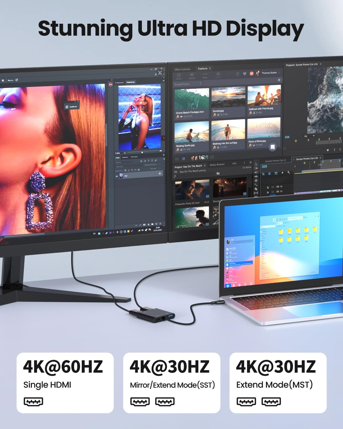 Fophmo 4K@60Hz 3 100W USB C to Dual HDTV Adapter, HDTV Splitter Extend Display for Dual Monitors, macOS Only Allows