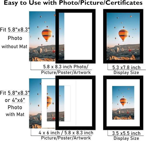 JCJMY A5 Picture Frame - Black Wall Hanging & Tabletop Display | Fits 4x6 Mat or 5.8x8.3 Without Mat