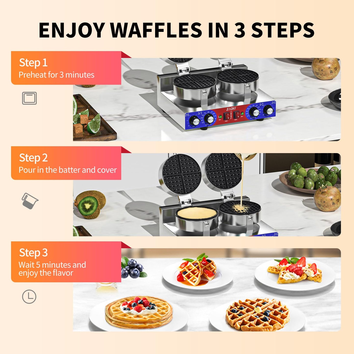 HTTSICHI Waffle Maker - Commercial Waffle Iron w/Two Non-stick 7 in Baking Pans, 550 ℉ Temperature and Timers, 2400W Dual Waffle Machine for Double Baking, Stainless Steel Waffle Maker for Restaurant