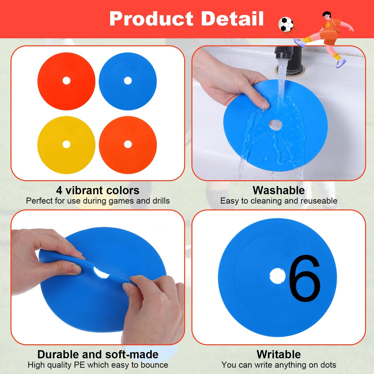 Caeuiciw 24 Packs 6 Inch Flat Cones, Spot Markers, Soccer Cones, Field Court Markers, Flat Discs, Soccer Training Equipment, Agility Practice, Football