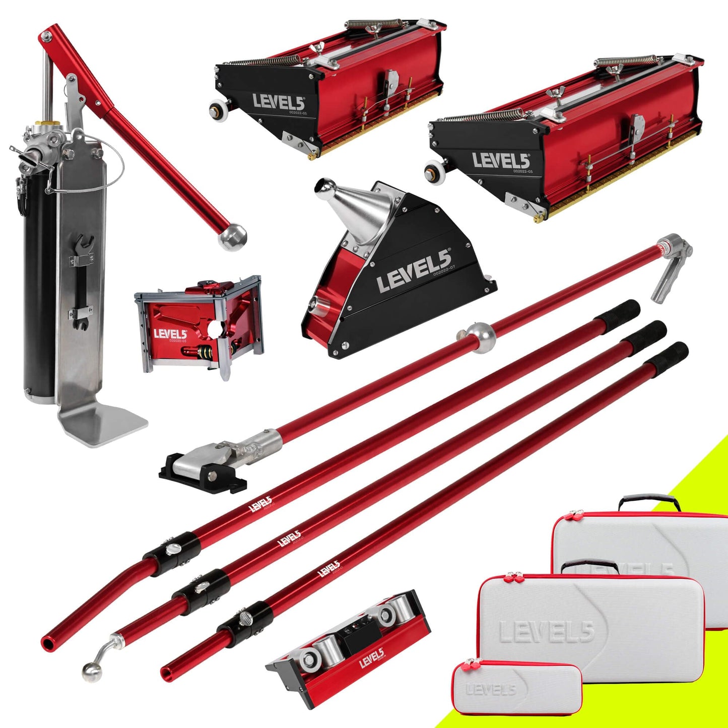 Drywall Finishing Set - LEVEL5 | Pro-Grade | 10/12" Flat Boxes, Corner Roller, 3" Corner Finisher, 7" Corner Applicator, Handles, Compound Pump + Filler | Sheetrock Gyprock Wallboard | 4-602