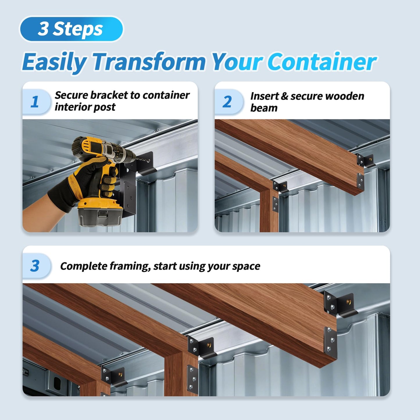 𝟐𝟎𝐏𝐂𝐒 Shipping Container Interior Brackets for 20ft Containers, Fits 2×4/2×6 Lumber, Shipping Container Bracket Self-Leveling Framing for Homes, Storage & Workshop Conversions