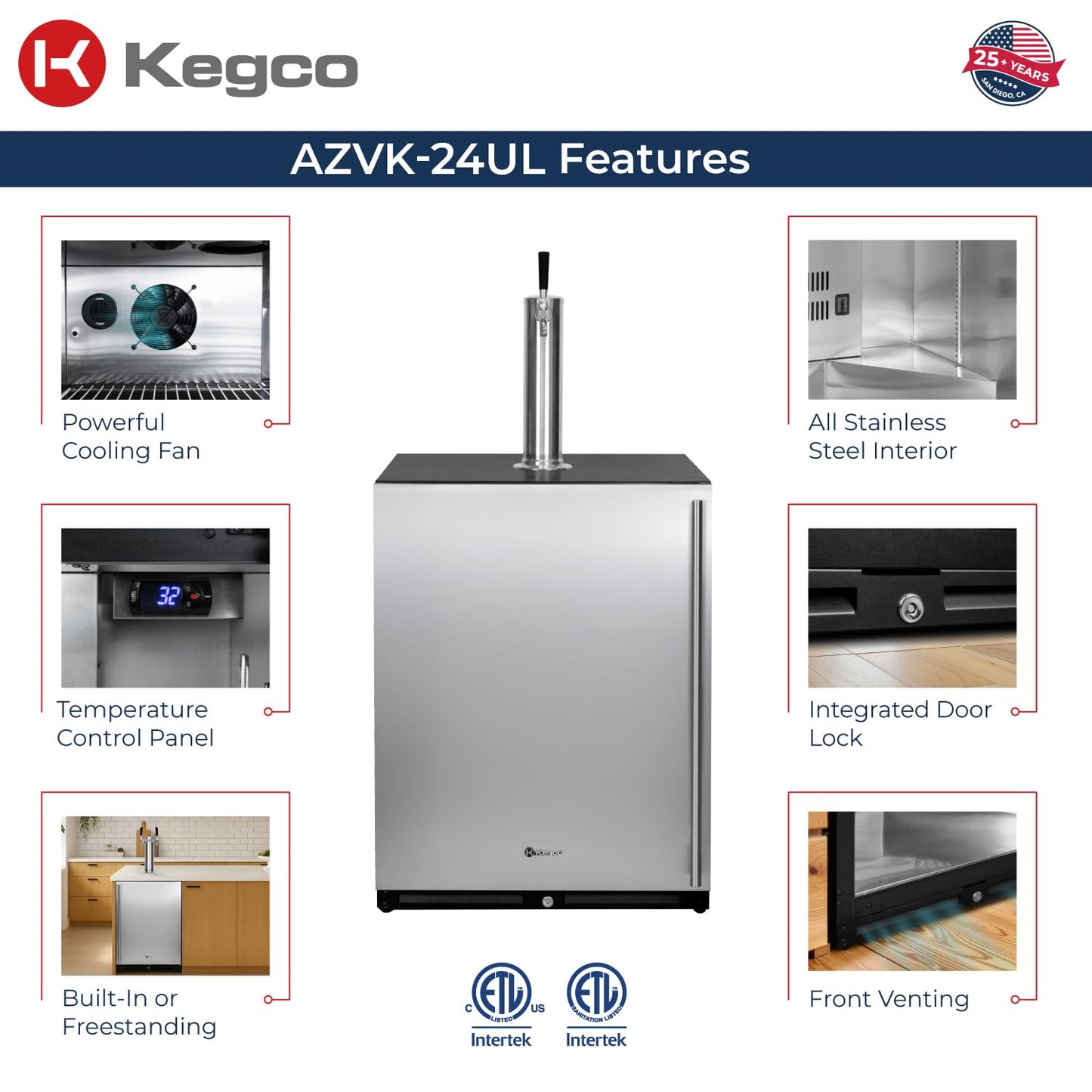 Kegco 24" Wide Single Tap Stainless Steel Built-In Left Hinge Kegerator with Dispense Kit