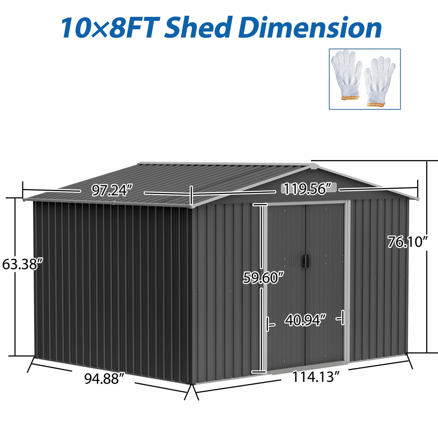 10'x8' Galvanized Steel Outdoor Storage Shed with Top Air Vents, Lockable Sliding Double Door Large Garden Tool Organizer, Gray