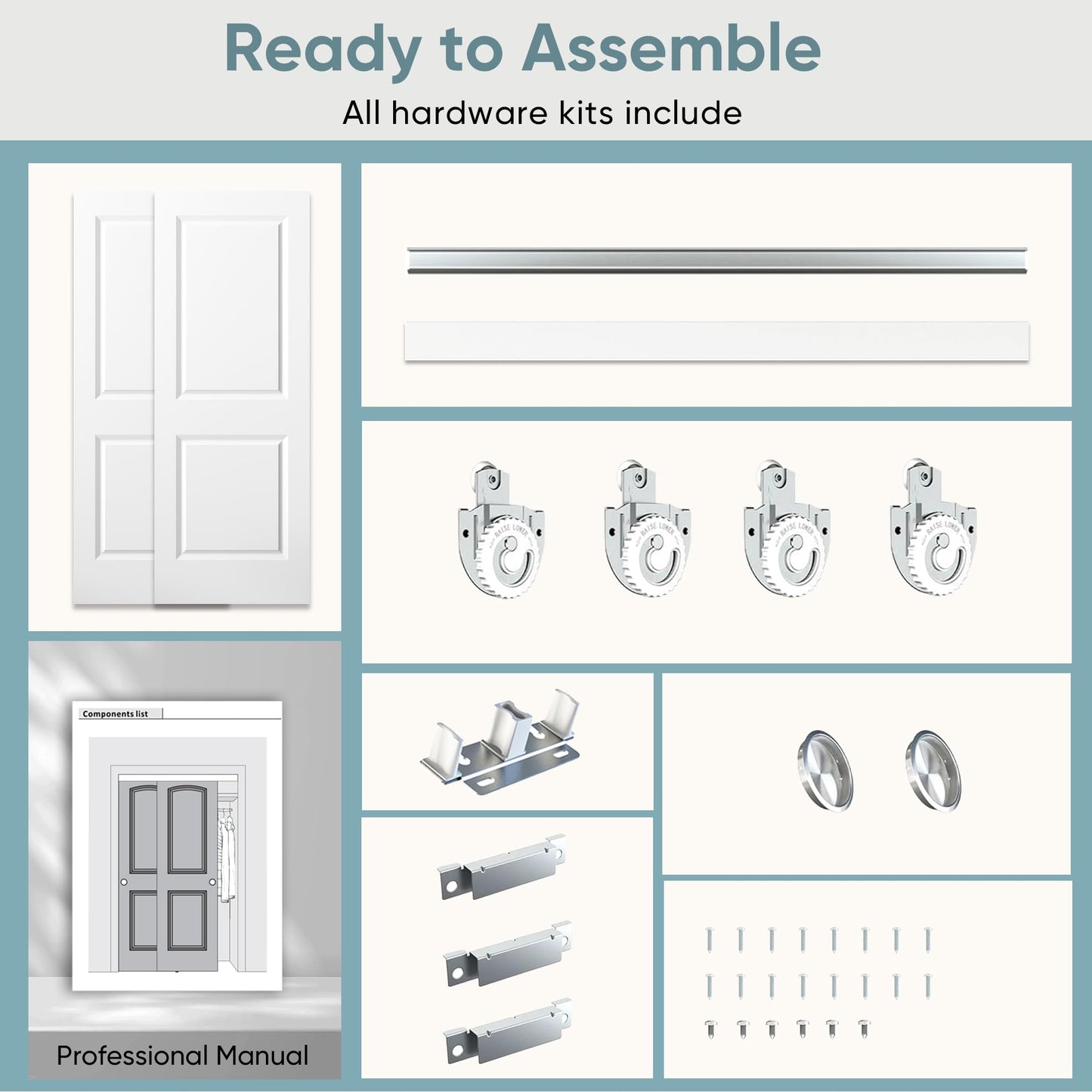 JUBEST 60x80 in Sliding Closet Door, Raised 2-Panel Square Top White Primed Hollow Core Door Slab with Hardware Kits & Matching Fascia, Pre-drilled & Paintable, Space-Saving for Bedroom Laundry