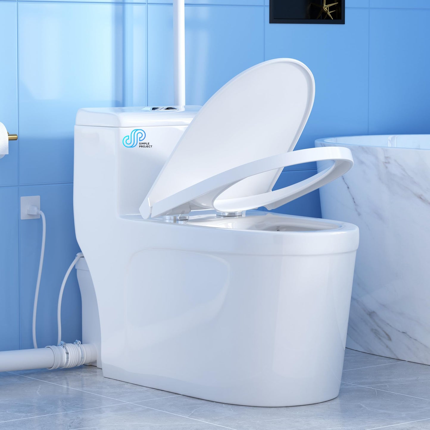 Simple Project One Piece Toilet with Pump, Macerating Toilet System with Macerator Pump, 600W Upflush Toilets for Basement - 3 Inlets for Rear Outlet Elongated Toilet Bowl, Sink & Shower