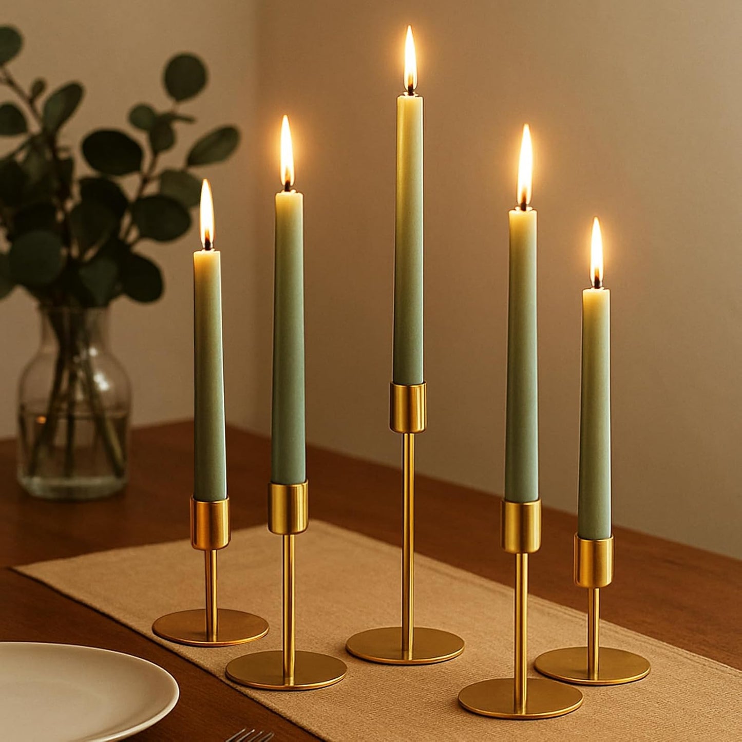 Smtyle Gold Taper Candle Holders - Set of 5 Matte Finial for Elegant Wedding & Dining Table Decor