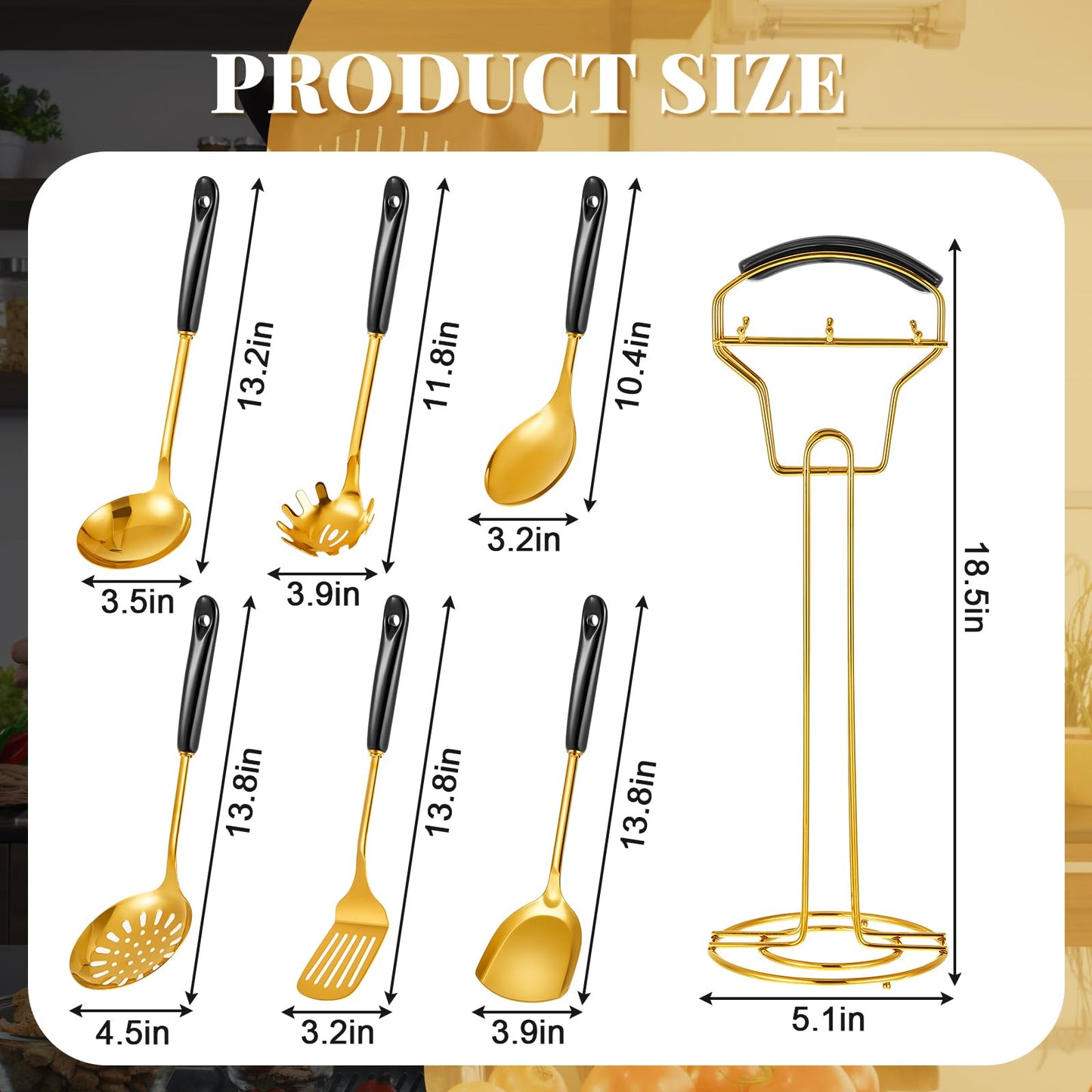 Blushtier 7 Pcs Black and Gold Cooking Utensils Set, Stainless Steel Kitchenware Gift with Hanging Shelf, Slotted Spoon, Slotted Spatula, Large, Soup Ladle, Spatula, Pasta Spoon, Easy to Clean