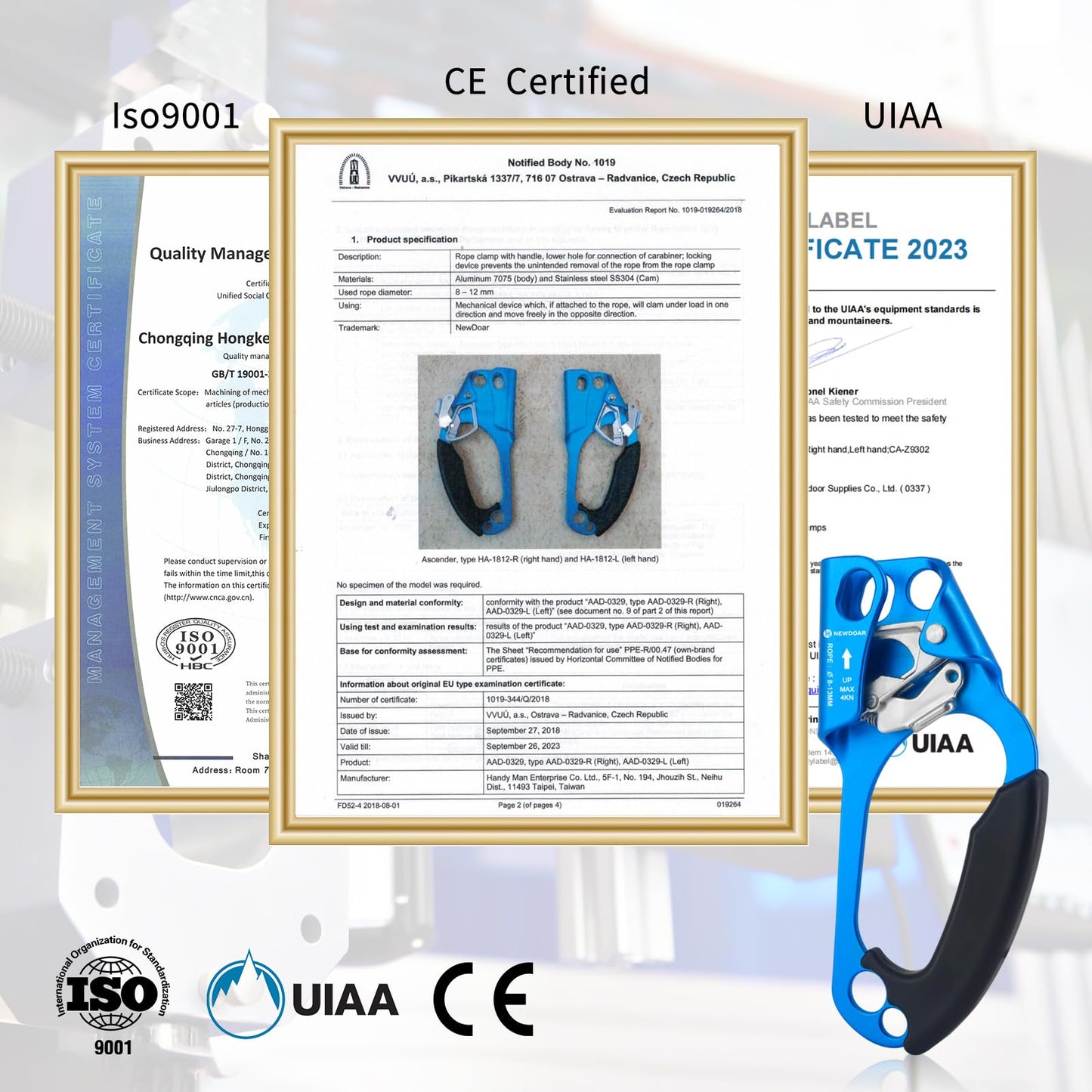 NewDoar Right Hand Ascender Rock Climbing Tree Arborist Rappelling Gear Equipment CE Certified Rope Clamp for 8~13MM Rope(Blue-Right)