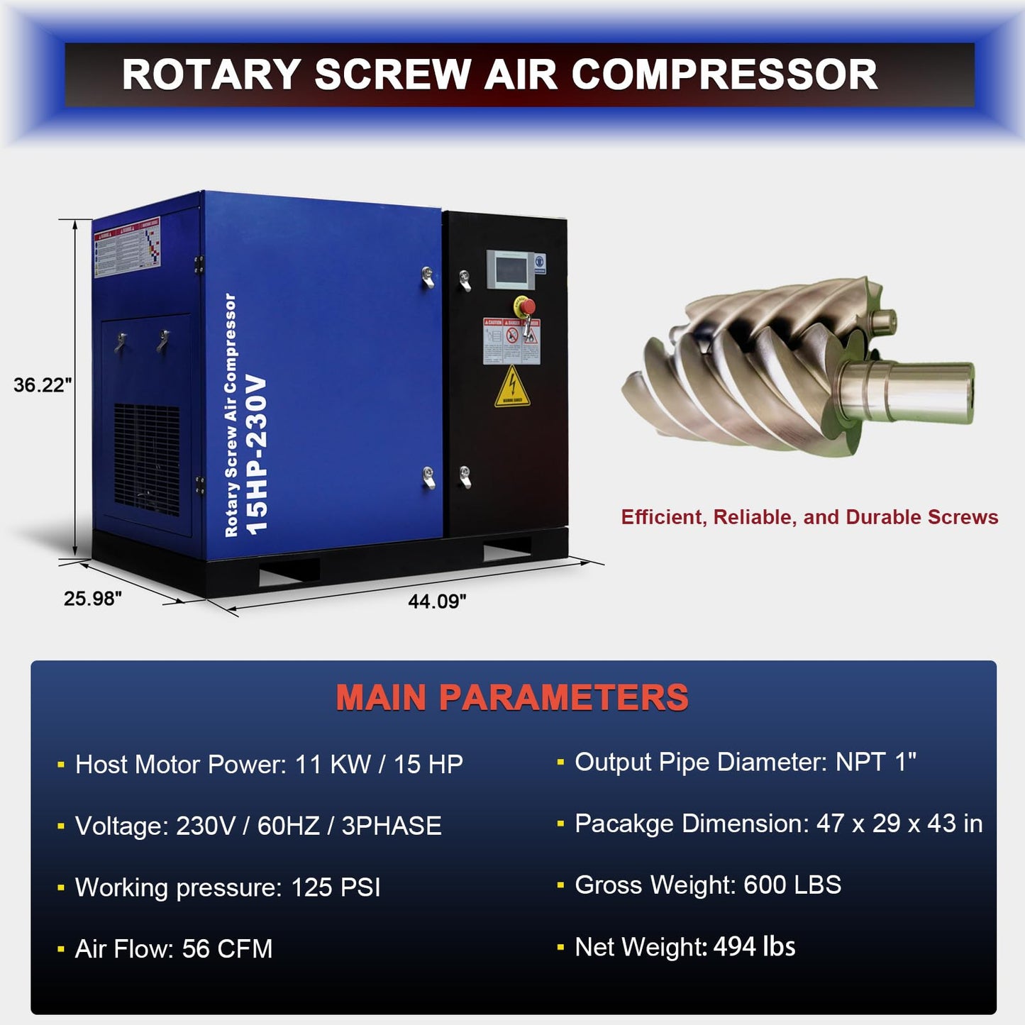 15HP Rotary Screw Air Compressor, 56 CFM, 125PSI, 230V 3PHASE 60HZ, Fixed Speed Compressor, Industrial-Grade, Heavy Duty Air Compressed System