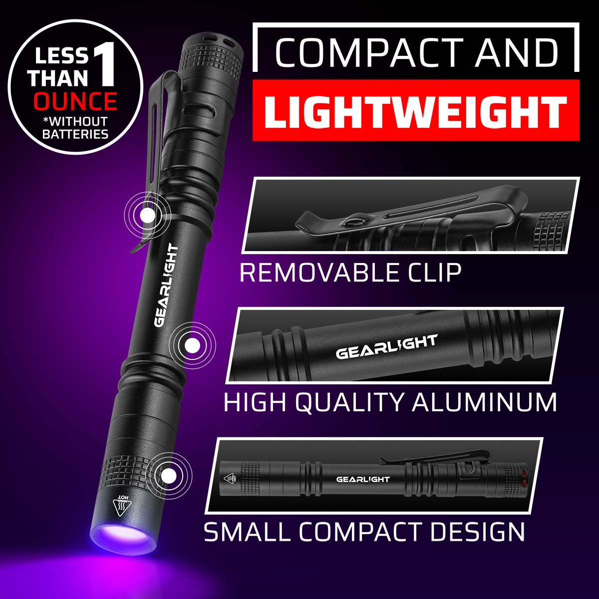 GearLight UV Black Light Flashlight S100 - 2 Pack Mini Blacklight for Leak Detection, Pet Urine, Stains - Black Color