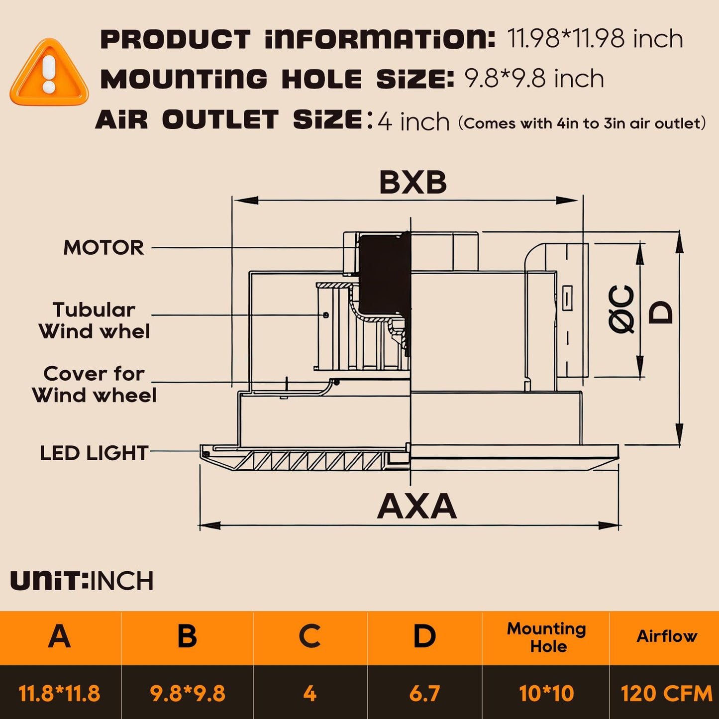 Gopper 12" Ultra Quiet Bathroom Exhaust Fan with 3500K LED Light, 1.0 Sone 120 CFM, 10x10 Mount, 1500 LM Ceiling Ventilation Fan, Energy Efficient (3500K LED-B)