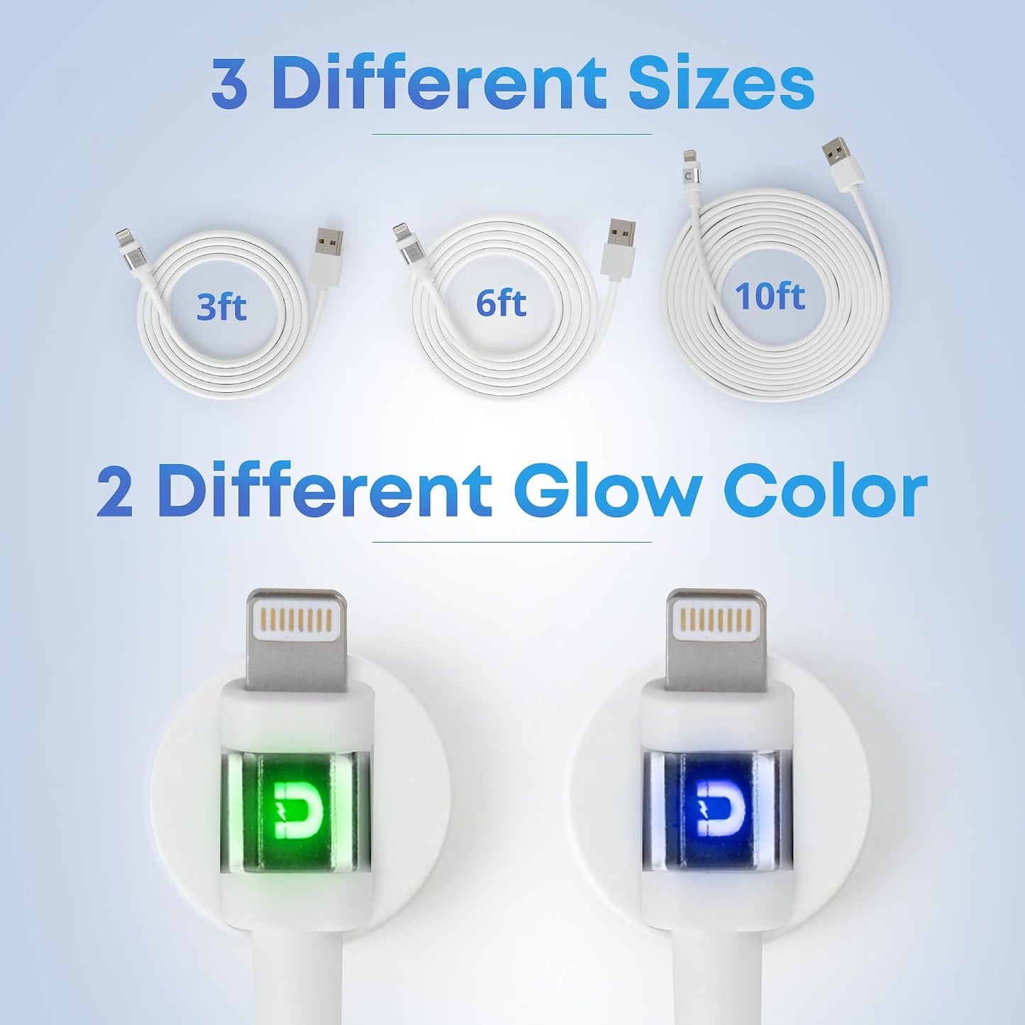 MAGNICPRO 6ft 514 LED Phone Lightning Cable with Magnetic Tip, Magnetic Cord Holder & Blue Night Glow Light Durable