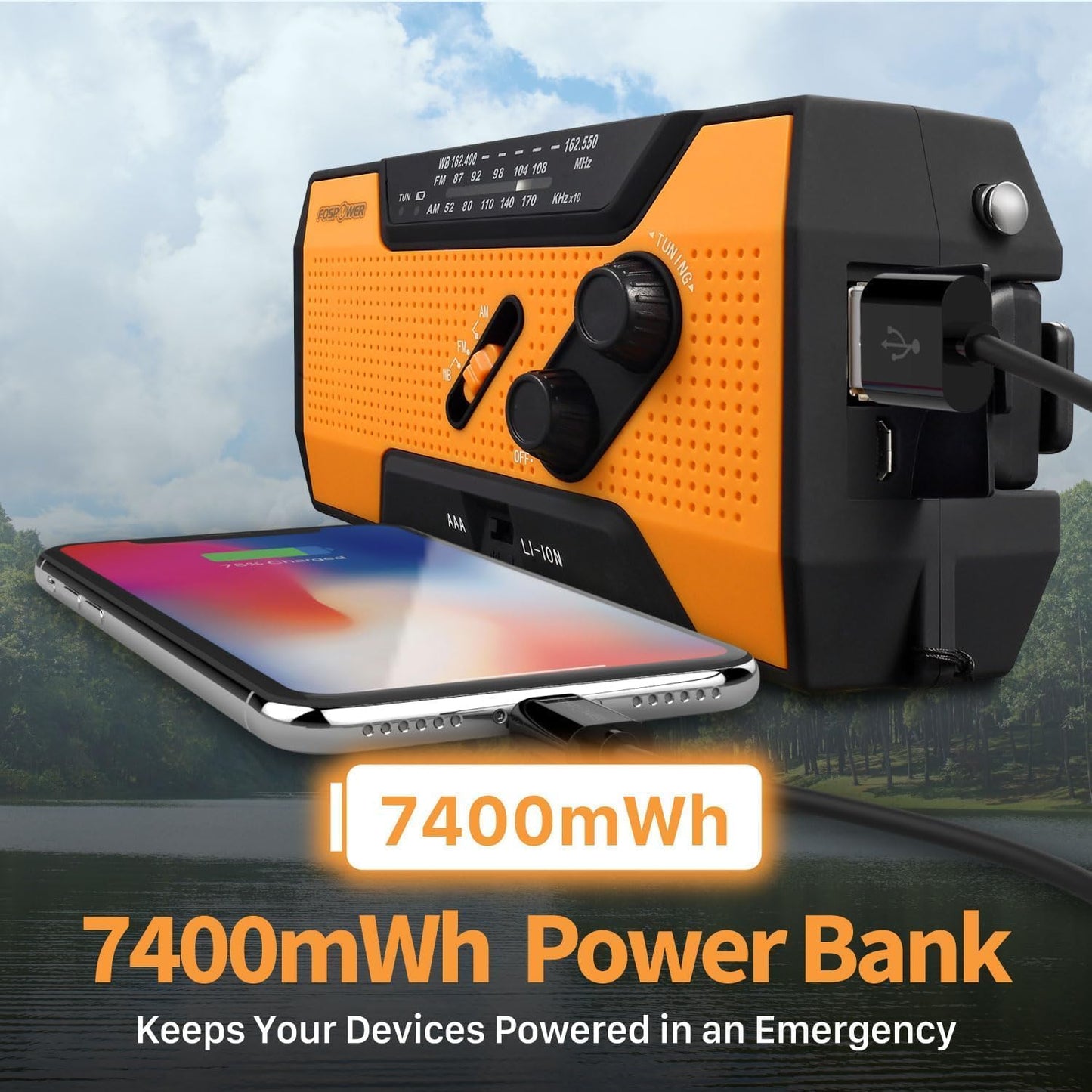 FosPower A1 7400mWh NOAA Emergency Weather Radio Portable Power Bank, AM/FM, USB/Solar/Hand Crank Charging, Battery
