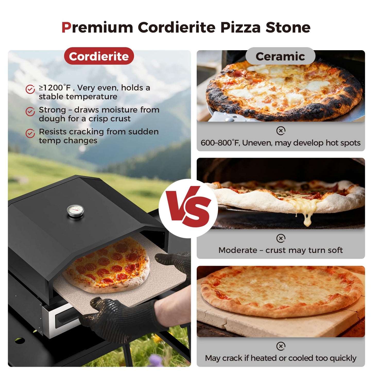 CAMPLUX 17 Inches Pizza Oven for Grill with Storage Bag and 14.8"×13" Cordierite Stone, Grill Top Pizza Oven Built-in Thermometer, Compatible with Propane & Charcoal Grill for Crispy Homemade Pizza