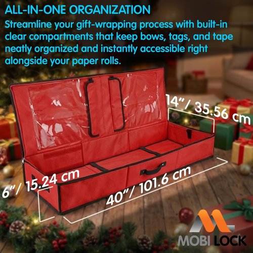Mobi Lock Wrapping Paper Storage Box - Durable Red Organizer with Zipper & Pockets | Holds 24-30 Rolls