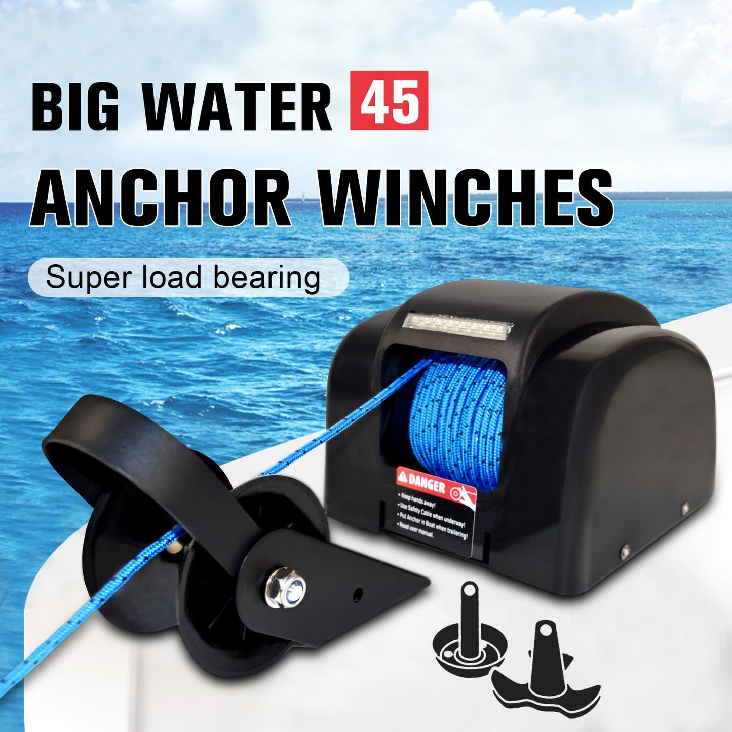 Acdet 45 LBS Electric Boat Anchor Winch, Saltwater Electric Anchor Winch w/Wireless Remote Control & 98.42ft of Pre-Wound Anchor Rope 12V Marine Windlass Anchor Winch,Black