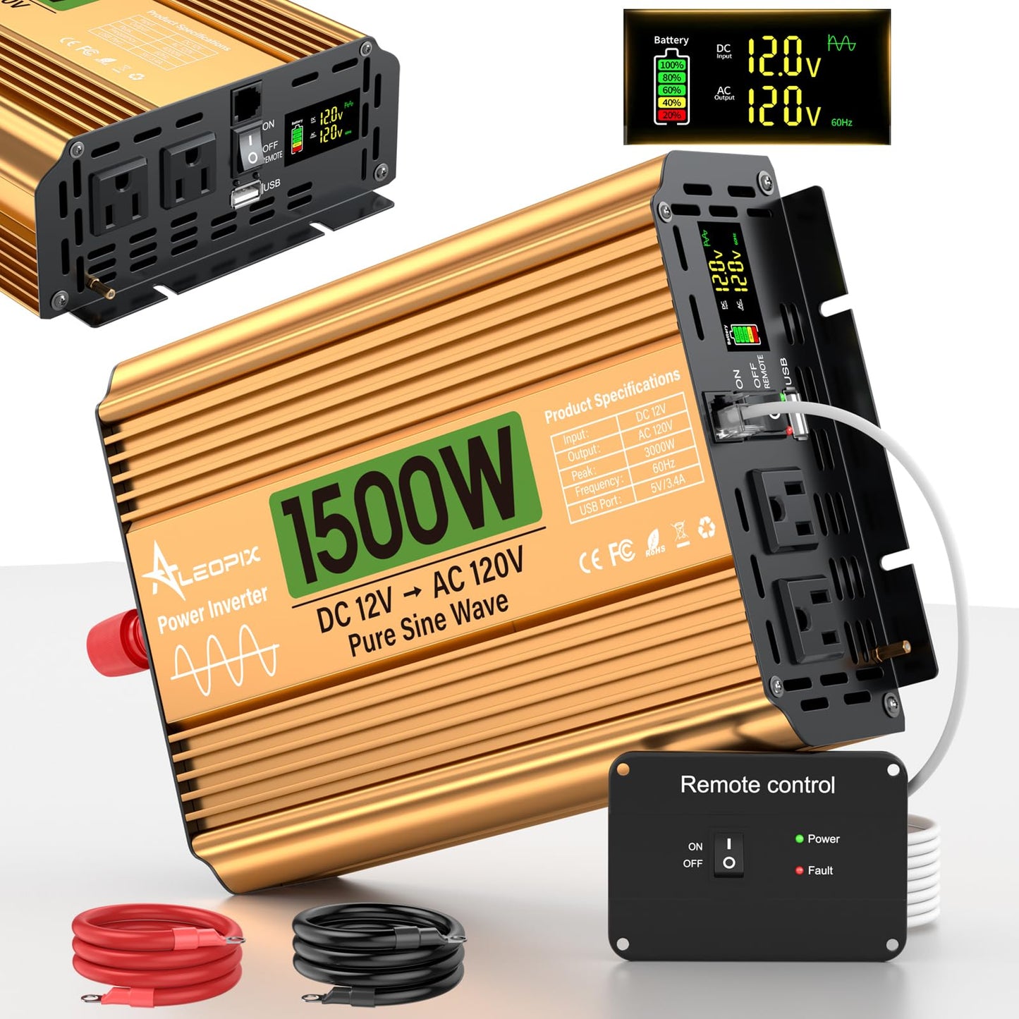 1500 Watt Inverter 12V DC to 110V/120V AC, Pure Sine Wave Inverter for Truck/RV/Home/Solar/Off-Grid, Surge 3000W Pure Sine Power with 2 AC Sockets, 5V 3.4A USB, Digital Display, Remote Controller